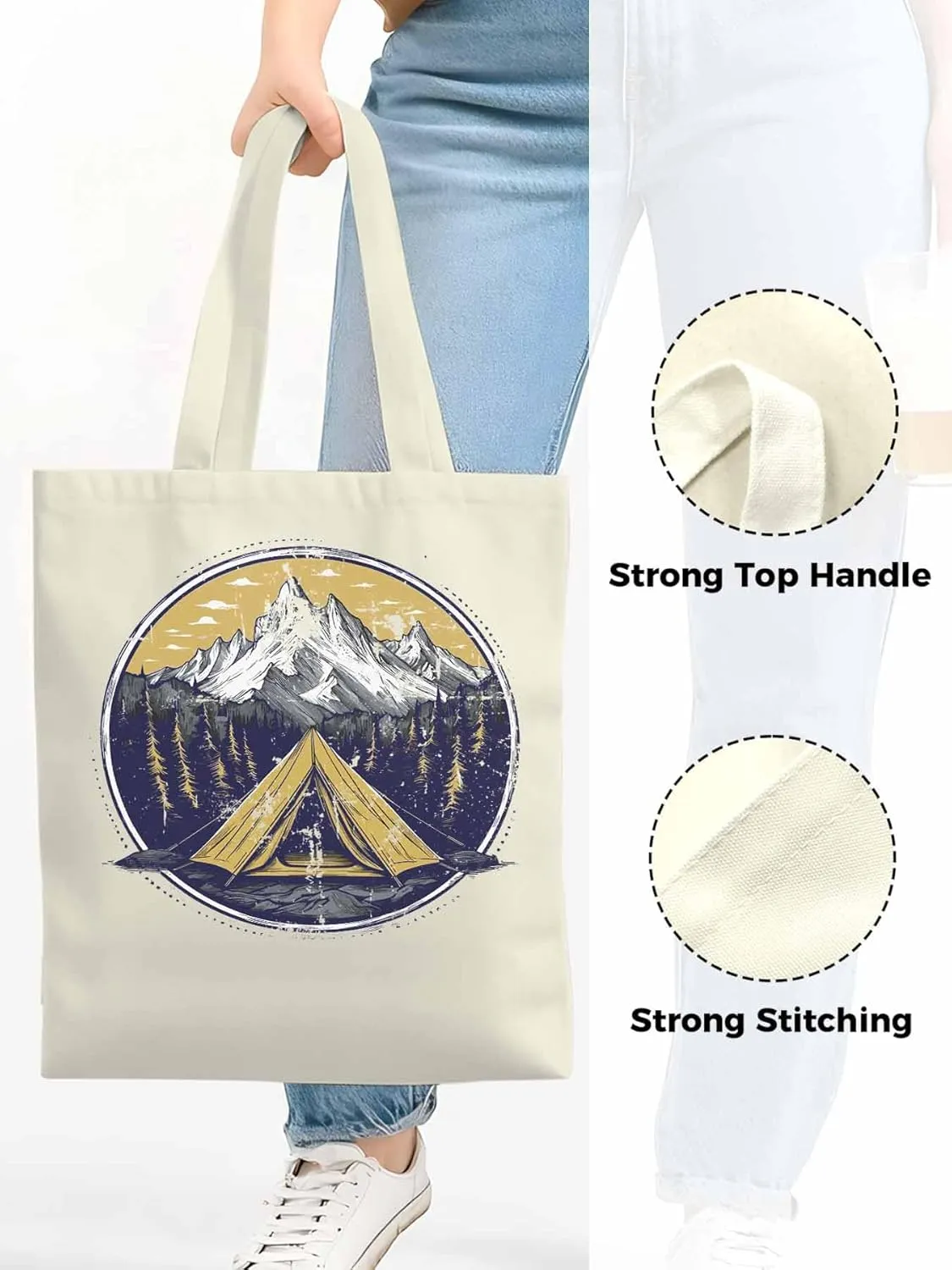 Canvas Tote Bag, Retro Comics Forest Camping Aesthetic Canvas Tote Handbags for Women Shoulder Bag,