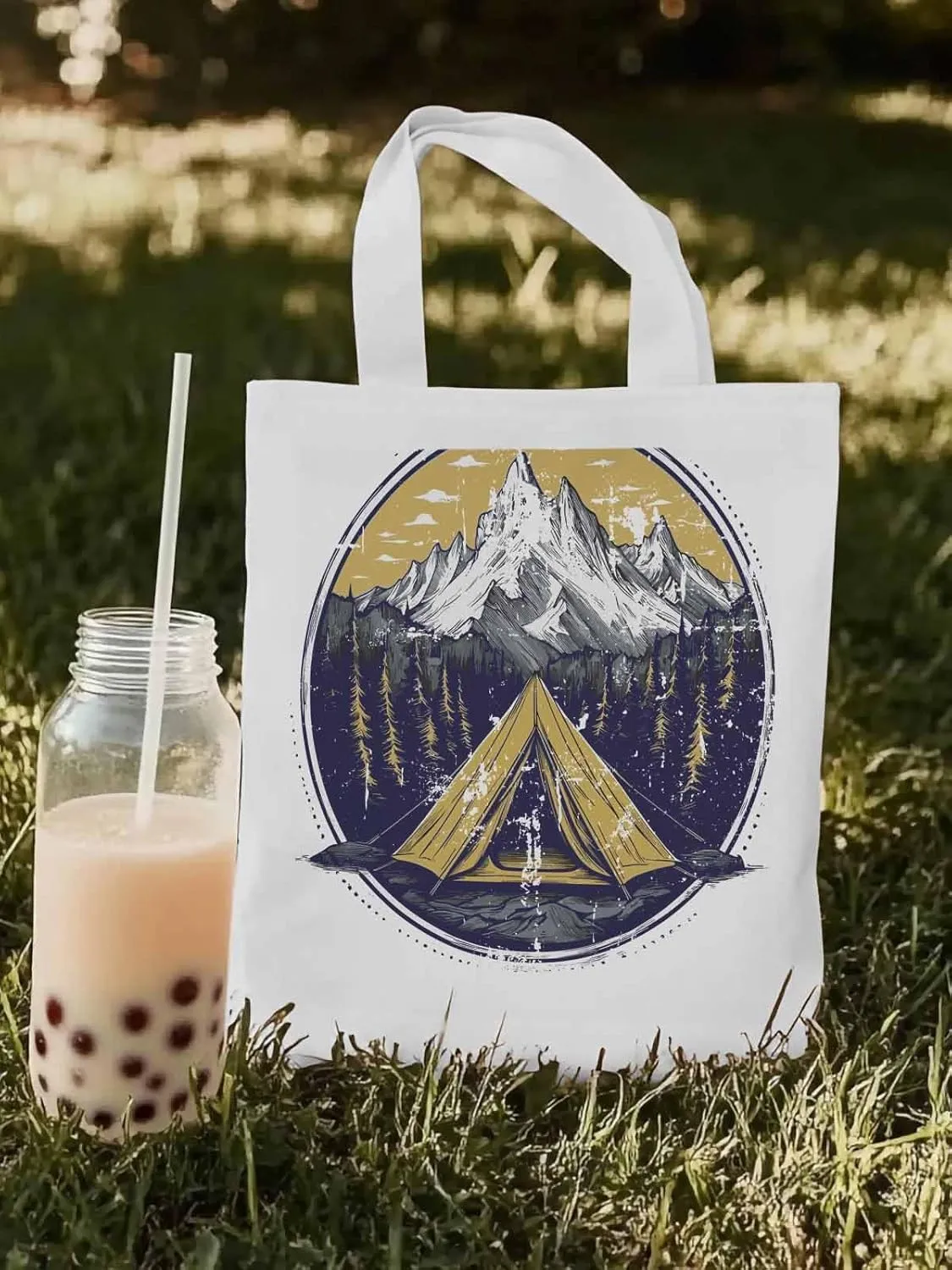 Canvas Tote Bag, Retro Comics Forest Camping Aesthetic Canvas Tote Handbags for Women Shoulder Bag,