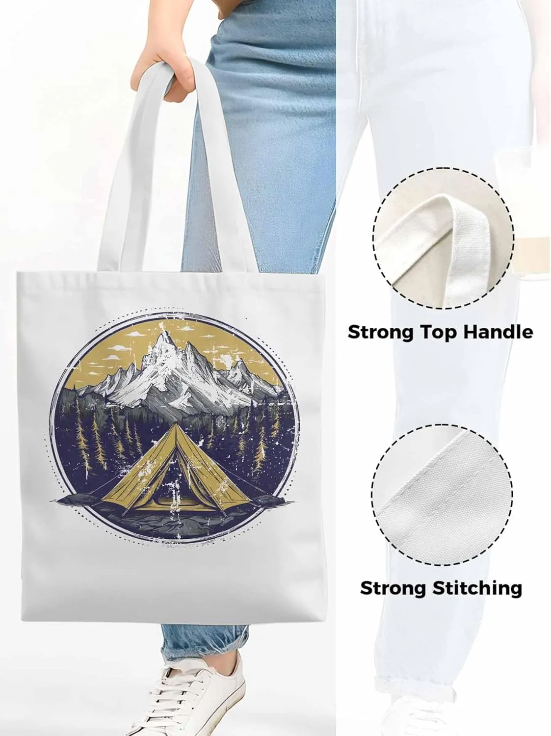 Canvas Tote Bag, Retro Comics Forest Camping Aesthetic Canvas Tote Handbags for Women Shoulder Bag,
