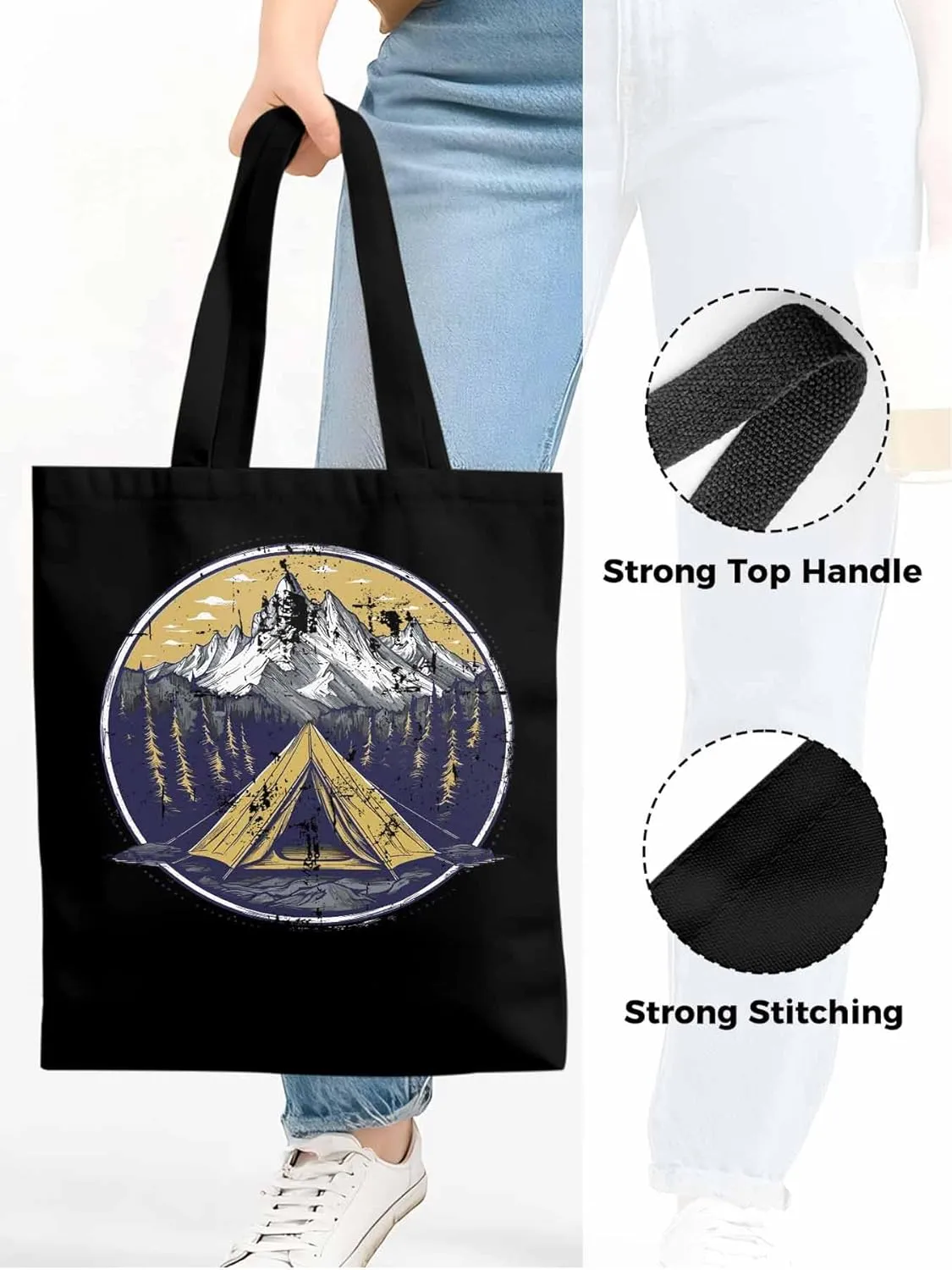 Canvas Tote Bag, Retro Comics Forest Camping Aesthetic Canvas Tote Handbags for Women Shoulder Bag,