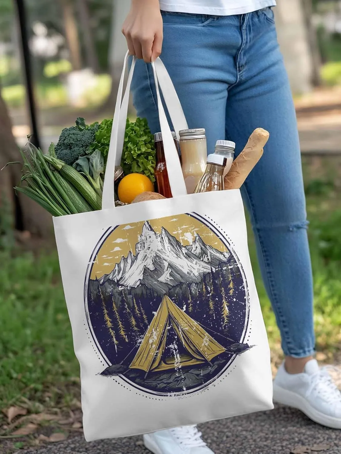 Canvas Tote Bag, Retro Comics Forest Camping Aesthetic Canvas Tote Handbags for Women Shoulder Bag,