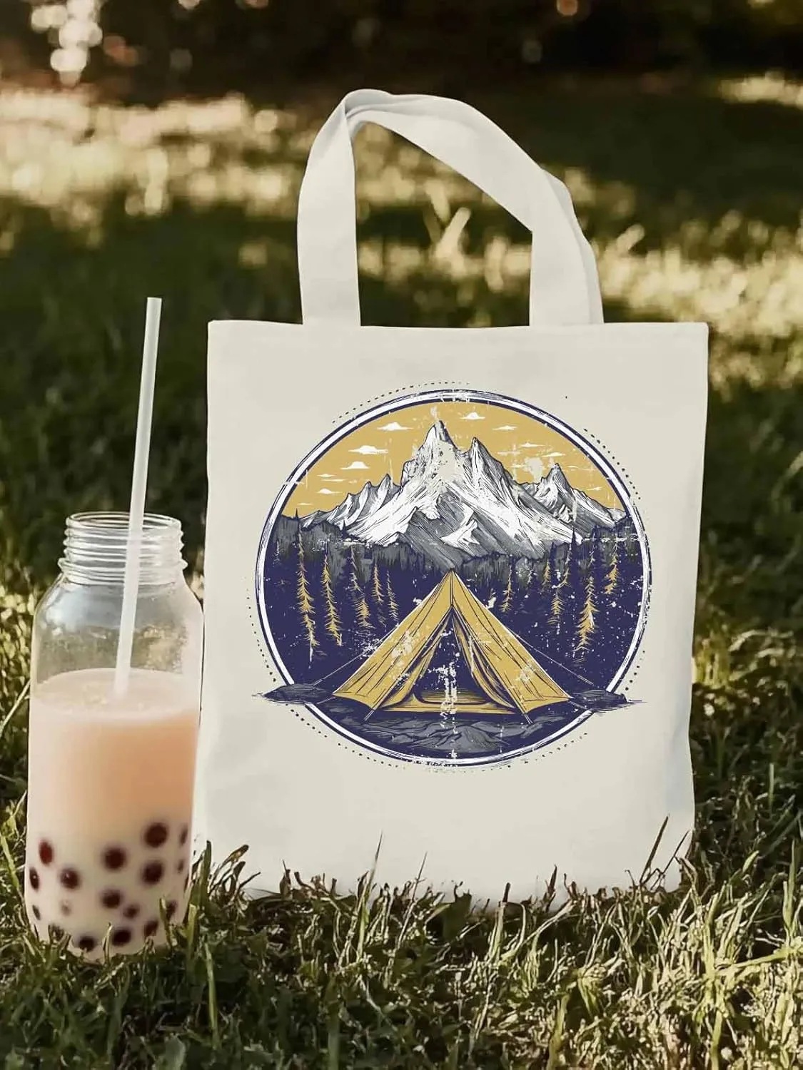 Canvas Tote Bag, Retro Comics Forest Camping Aesthetic Canvas Tote Handbags for Women Shoulder Bag,