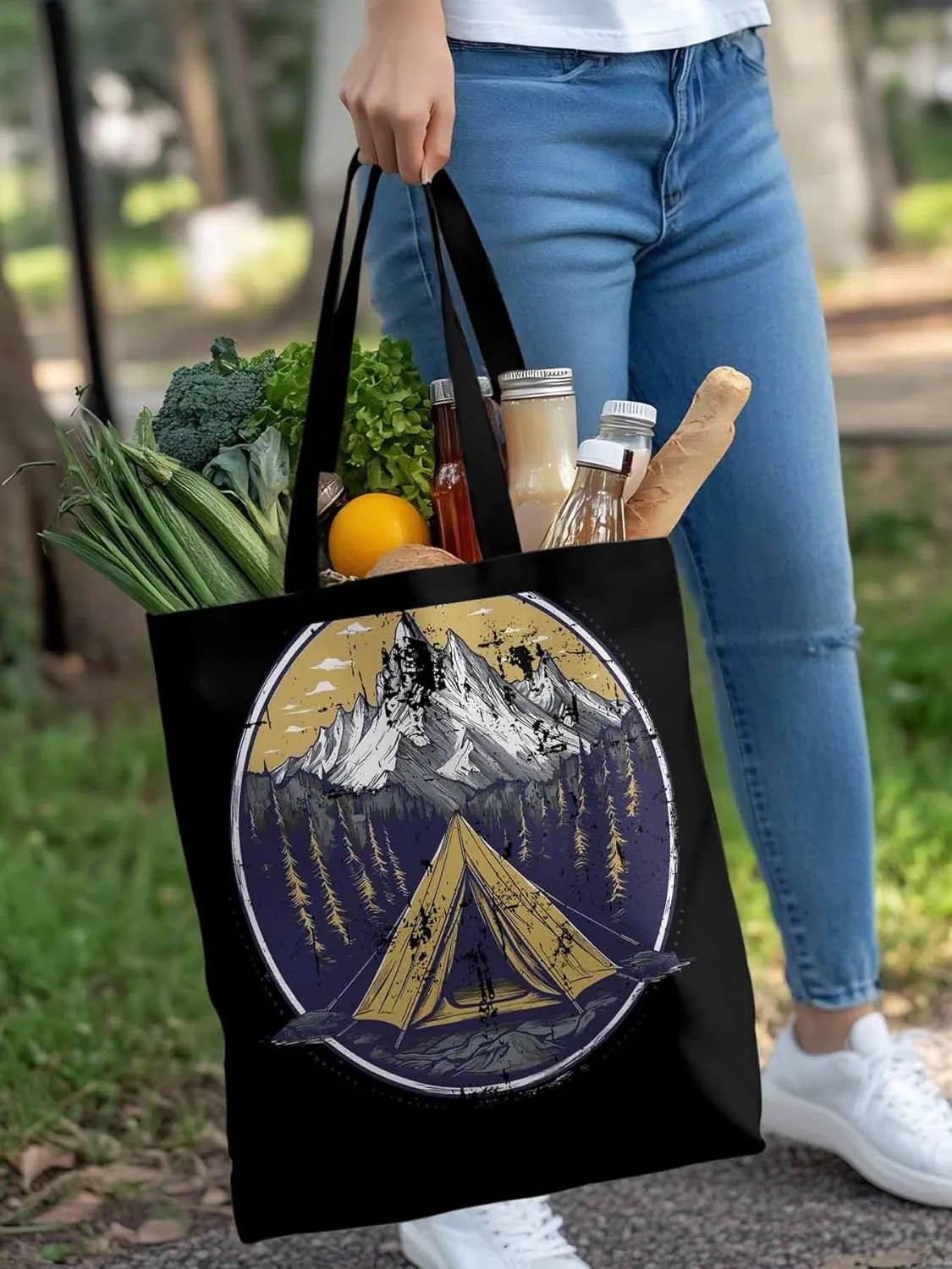 Canvas Tote Bag, Retro Comics Forest Camping Aesthetic Canvas Tote Handbags for Women Shoulder Bag,