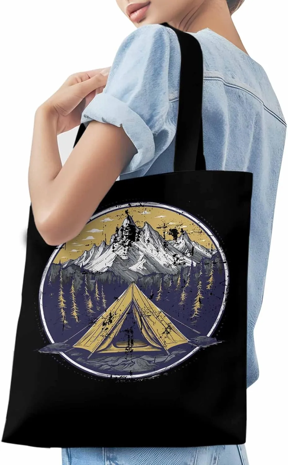 Canvas Tote Bag, Retro Comics Forest Camping Aesthetic Canvas Tote Handbags for Women Shoulder Bag,
