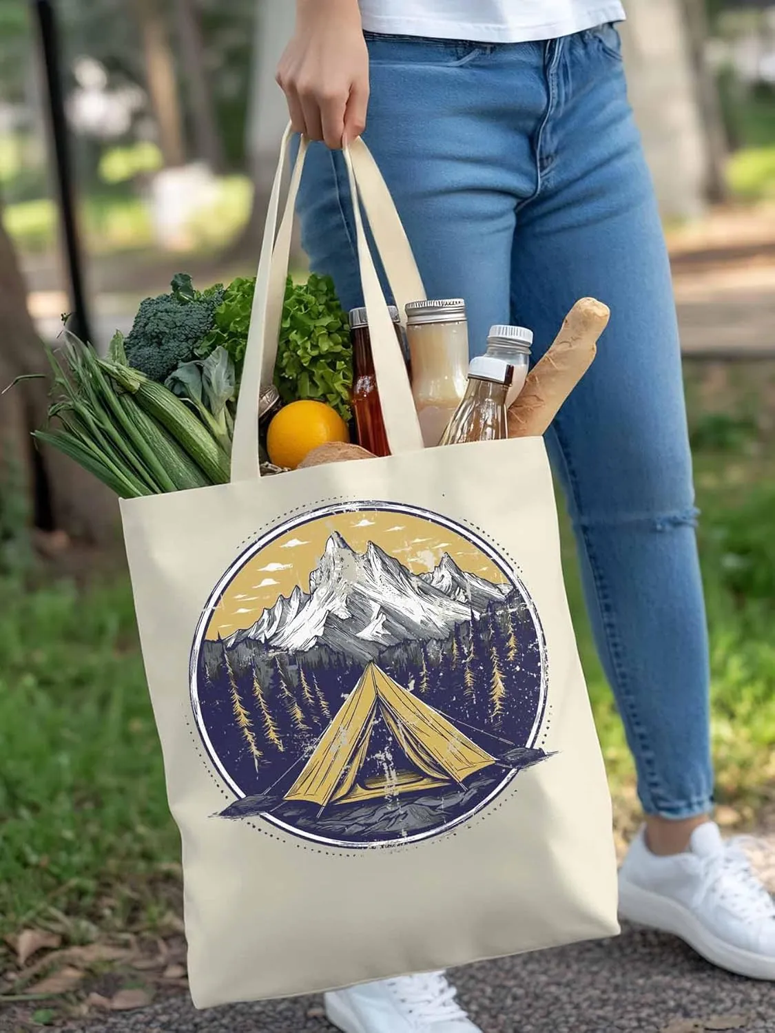 Canvas Tote Bag, Retro Comics Forest Camping Aesthetic Canvas Tote Handbags for Women Shoulder Bag,