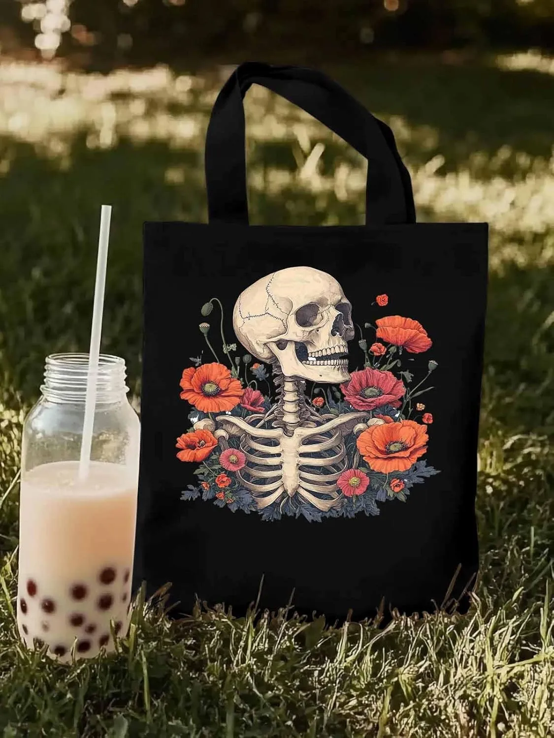 Canvas Tote Bag, Skull Poppy Red Floral Aesthetic Canvas Tote Handbags for Women Shoulder Bag