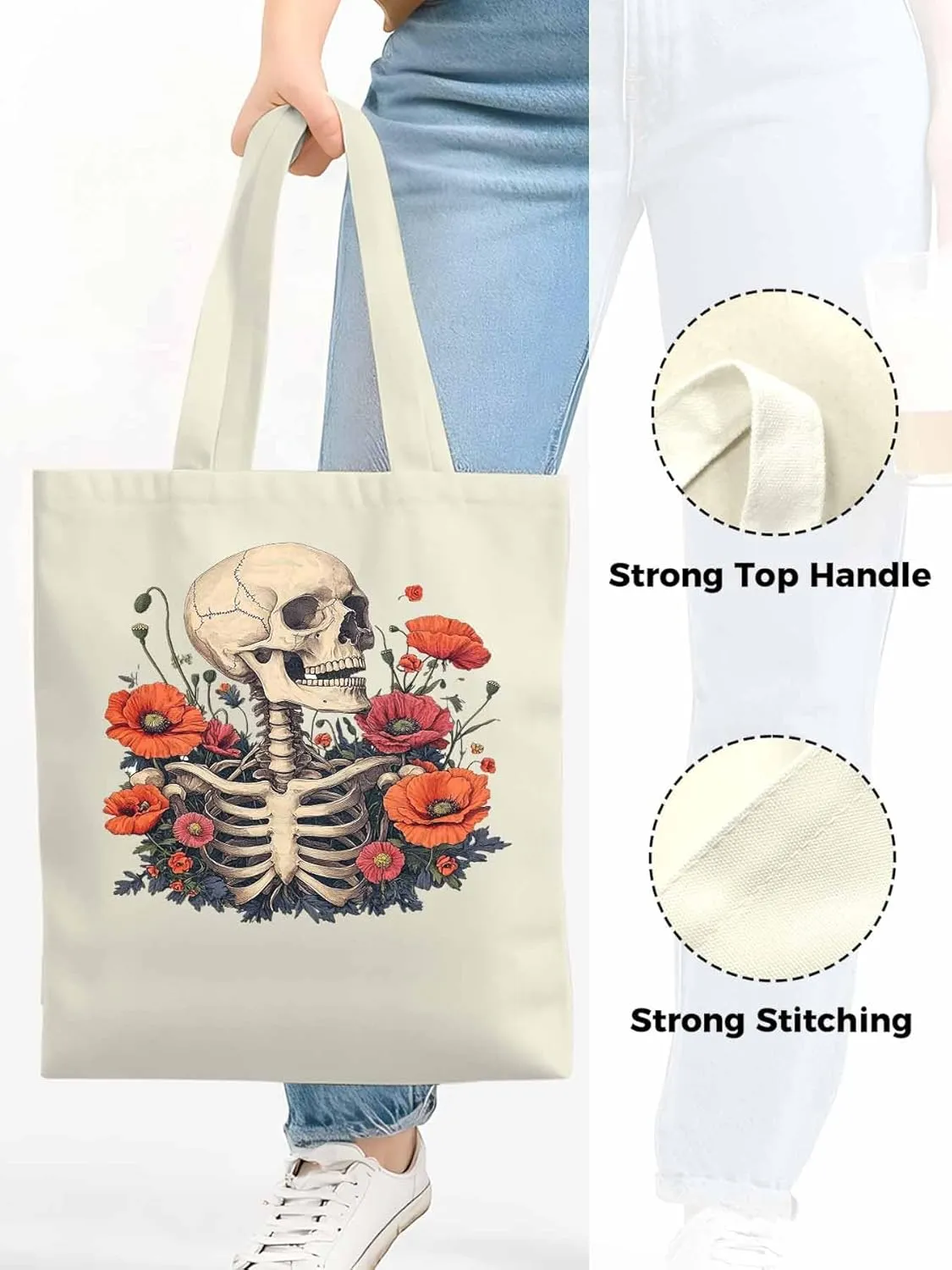 Canvas Tote Bag, Skull Poppy Red Floral Aesthetic Canvas Tote Handbags for Women Shoulder Bag