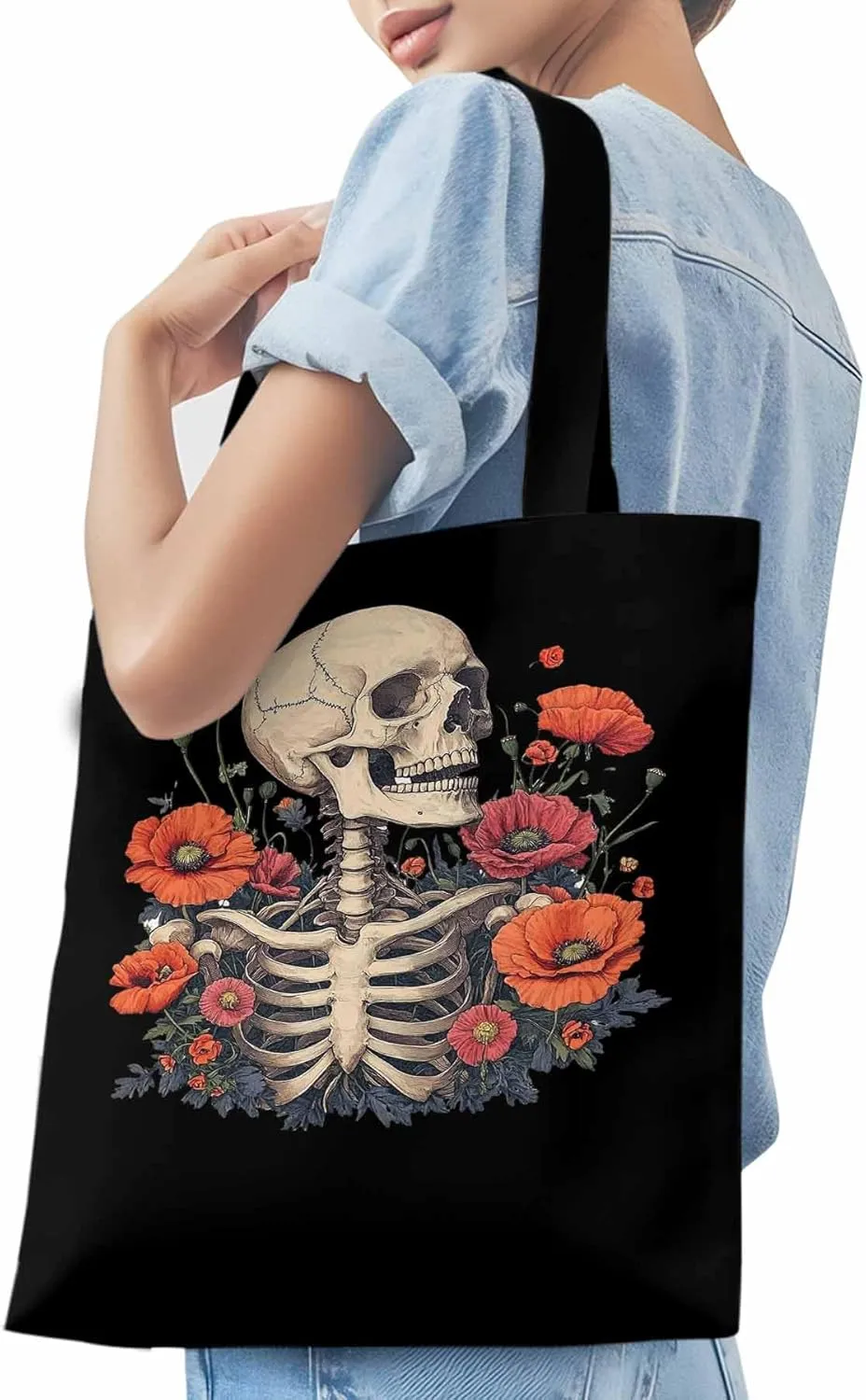 Canvas Tote Bag, Skull Poppy Red Floral Aesthetic Canvas Tote Handbags for Women Shoulder Bag