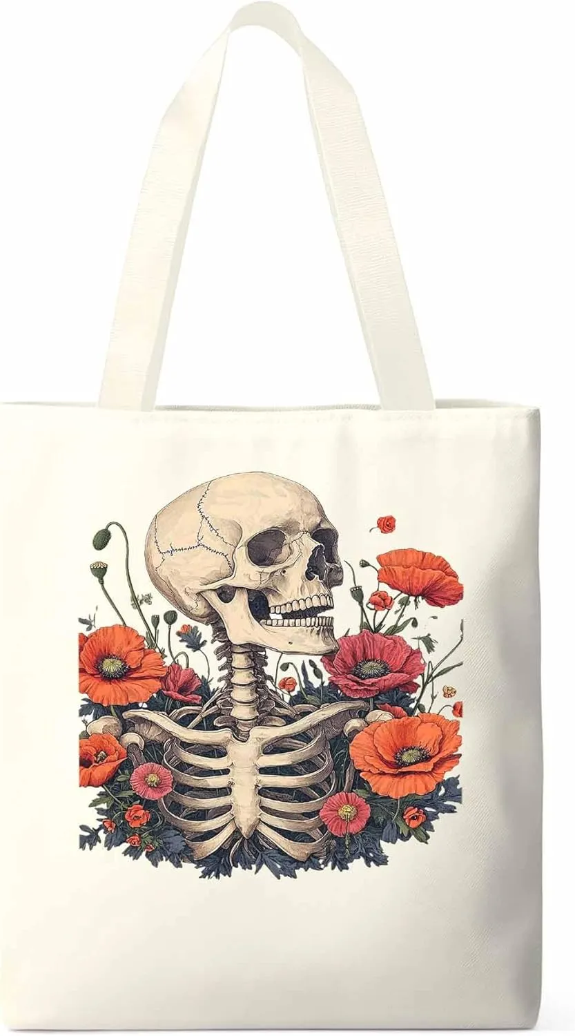 Canvas Tote Bag, Skull Poppy Red Floral Aesthetic Canvas Tote Handbags for Women Shoulder Bag