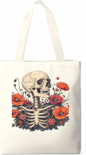 Canvas Tote Bag, Skull Poppy Red Floral Aesthetic Canvas Tote Handbags for Women Shoulder Bag