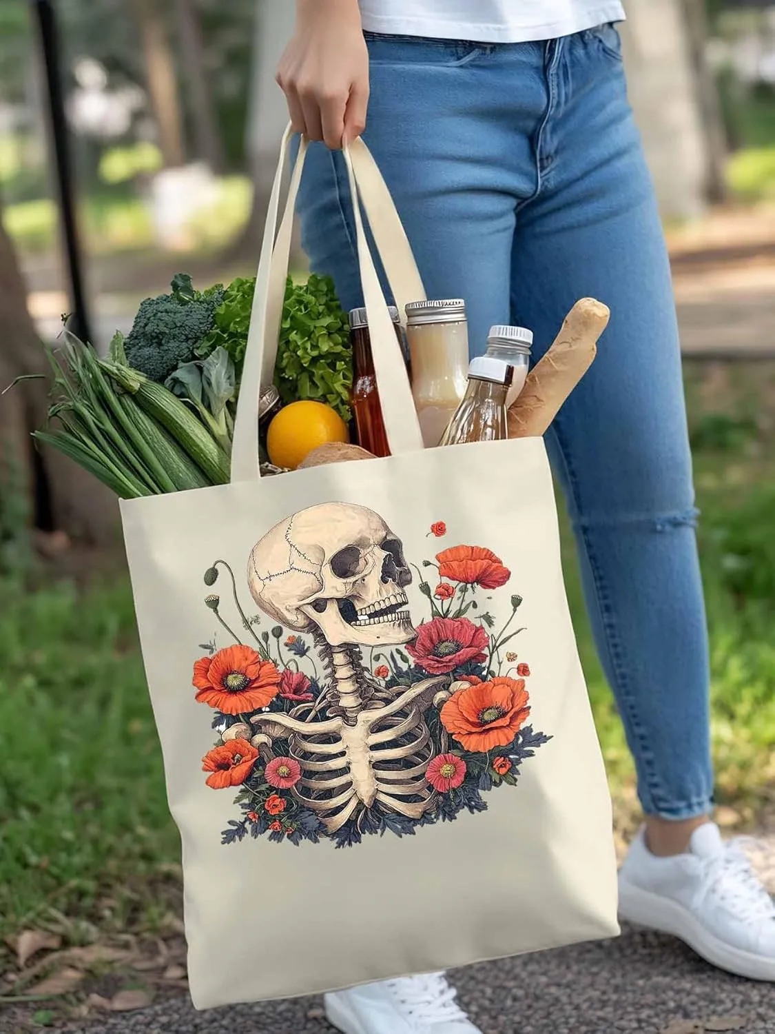 Canvas Tote Bag, Skull Poppy Red Floral Aesthetic Canvas Tote Handbags for Women Shoulder Bag