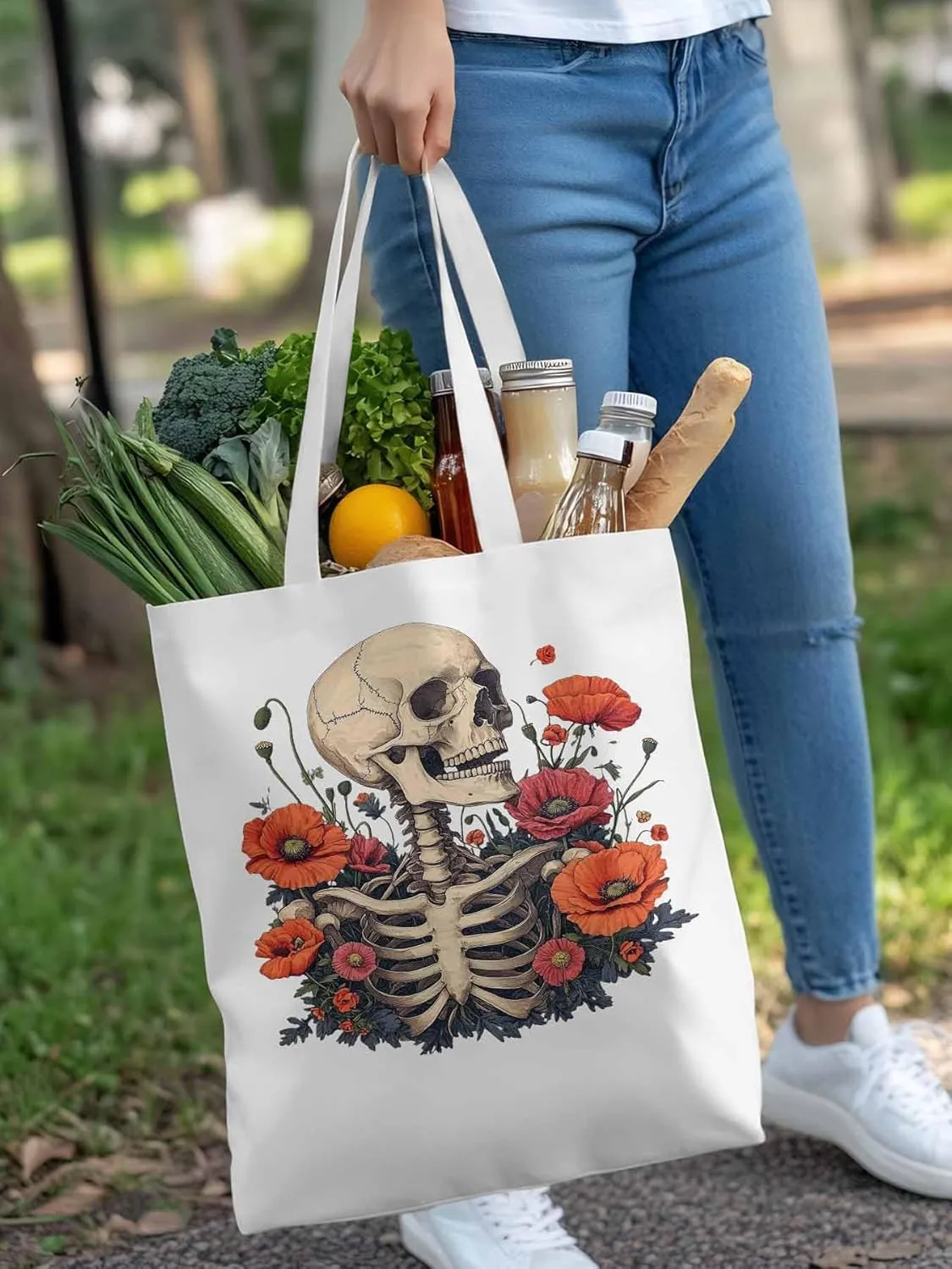 Canvas Tote Bag, Skull Poppy Red Floral Aesthetic Canvas Tote Handbags for Women Shoulder Bag