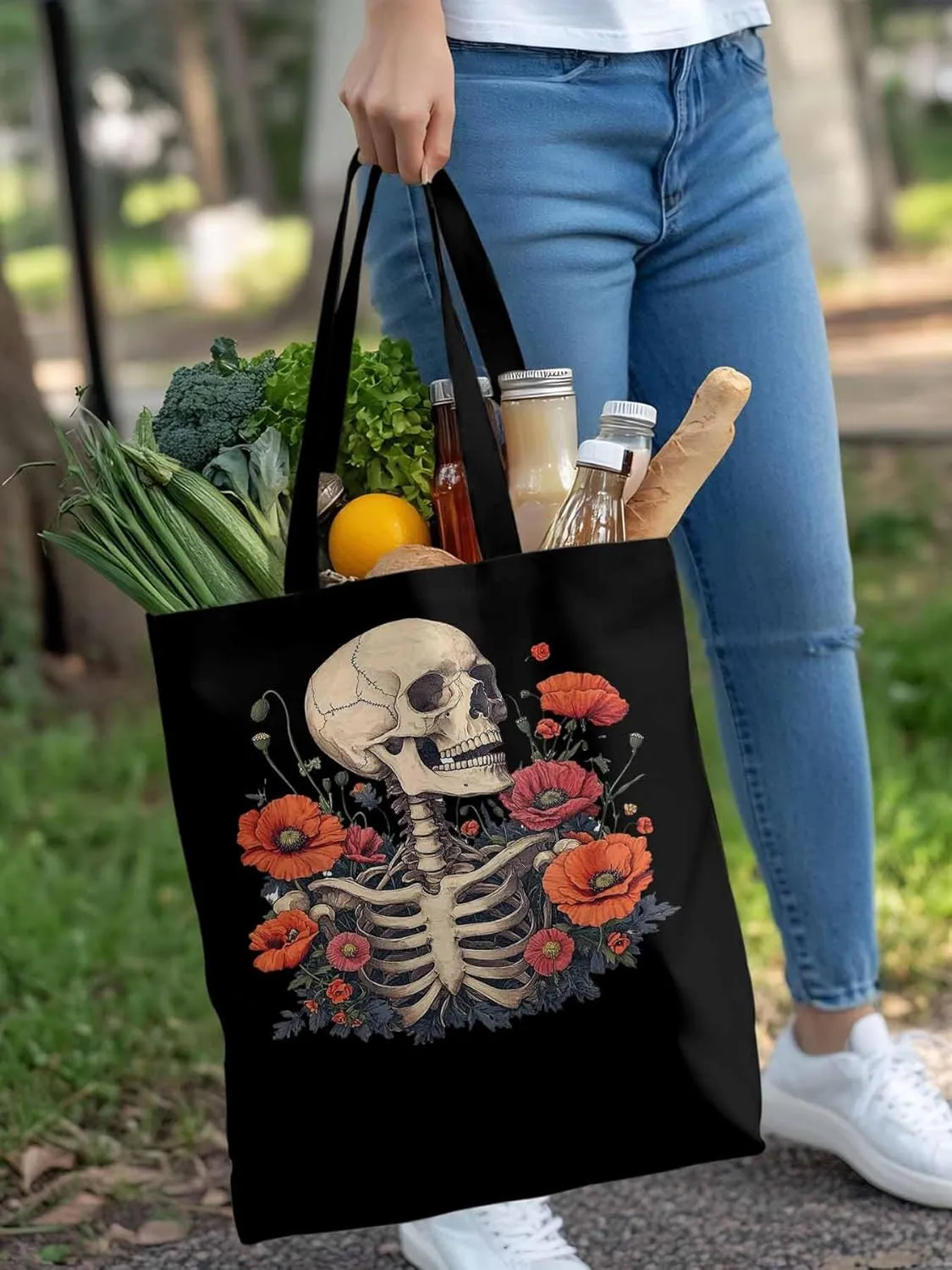 Canvas Tote Bag, Skull Poppy Red Floral Aesthetic Canvas Tote Handbags for Women Shoulder Bag
