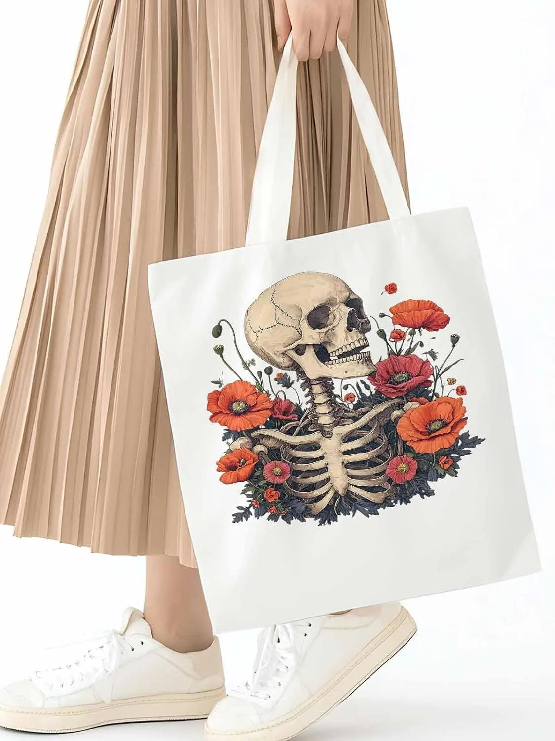 Canvas Tote Bag, Skull Poppy Red Floral Aesthetic Canvas Tote Handbags for Women Shoulder Bag