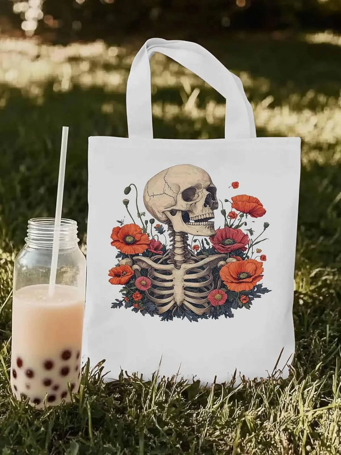 Canvas Tote Bag, Skull Poppy Red Floral Aesthetic Canvas Tote Handbags for Women Shoulder Bag