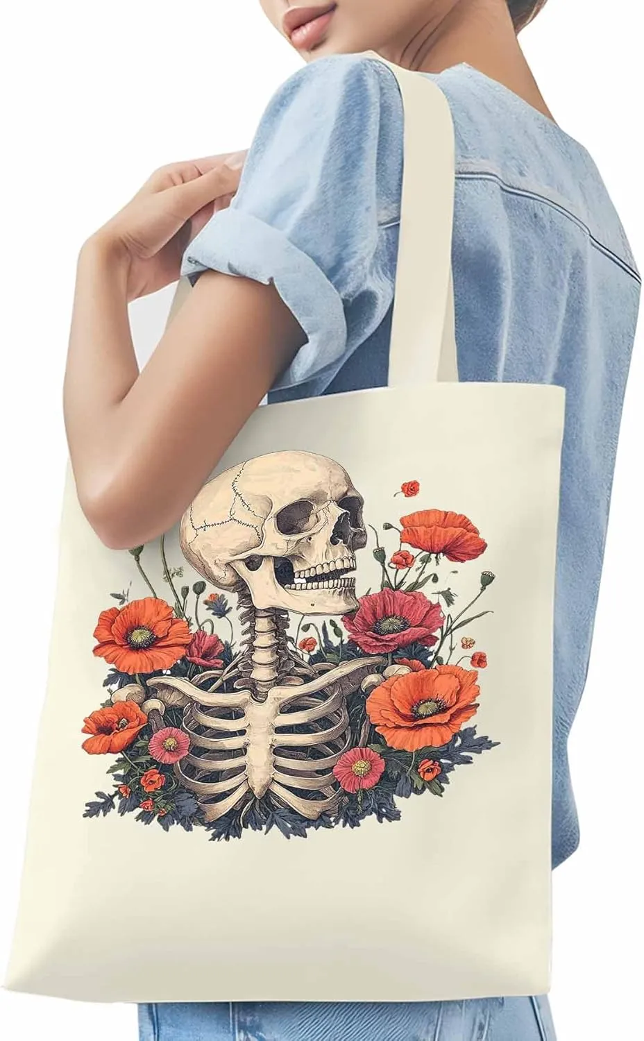 Canvas Tote Bag, Skull Poppy Red Floral Aesthetic Canvas Tote Handbags for Women Shoulder Bag