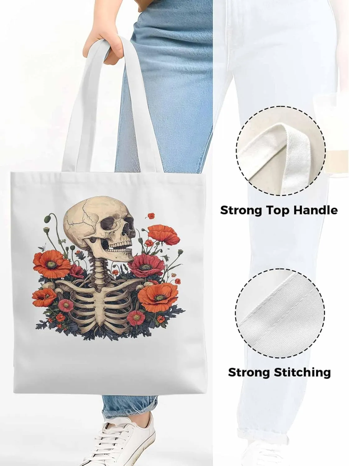 Canvas Tote Bag, Skull Poppy Red Floral Aesthetic Canvas Tote Handbags for Women Shoulder Bag