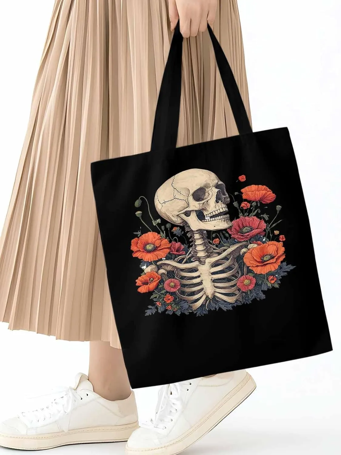 Canvas Tote Bag, Skull Poppy Red Floral Aesthetic Canvas Tote Handbags for Women Shoulder Bag