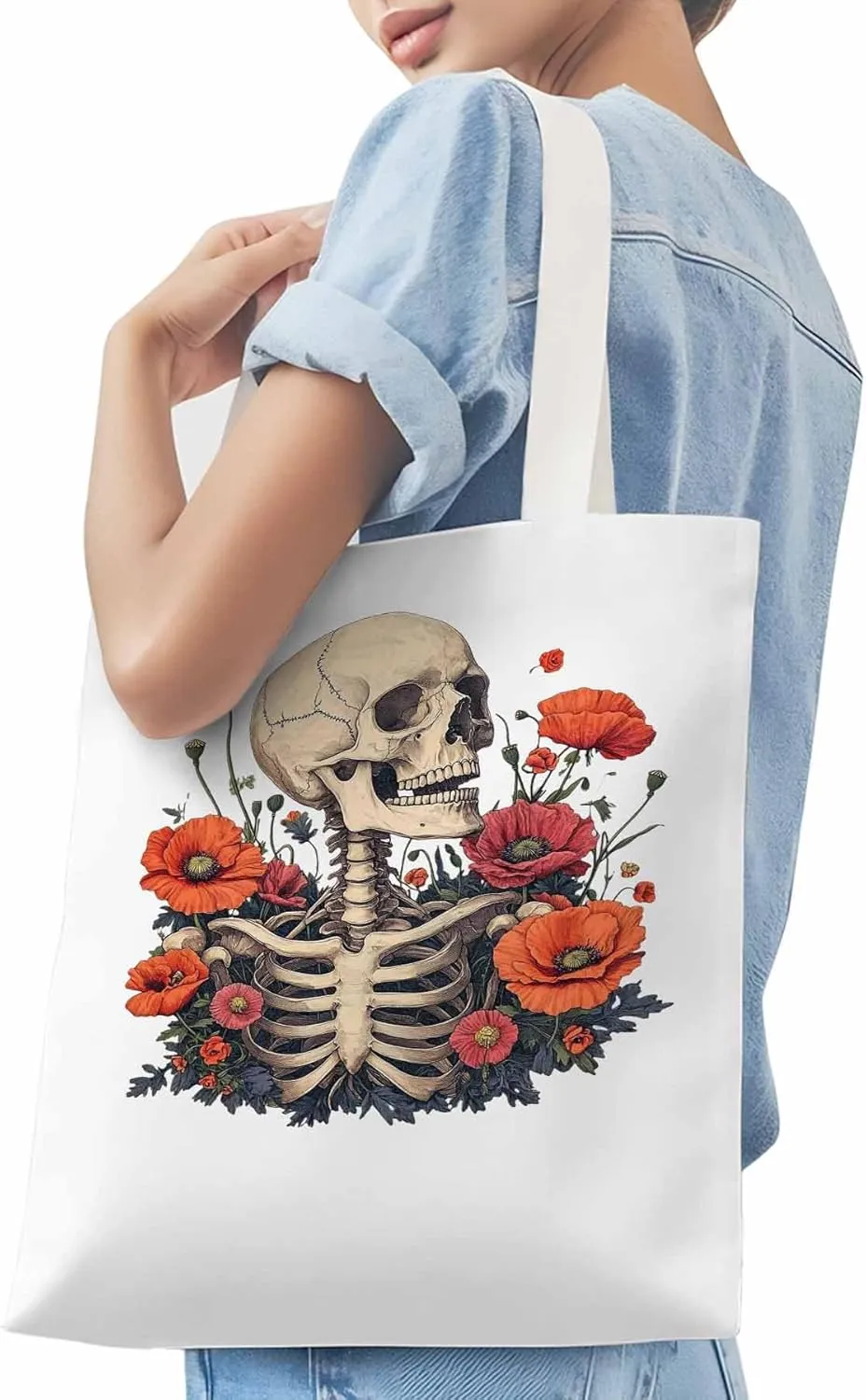 Canvas Tote Bag, Skull Poppy Red Floral Aesthetic Canvas Tote Handbags for Women Shoulder Bag