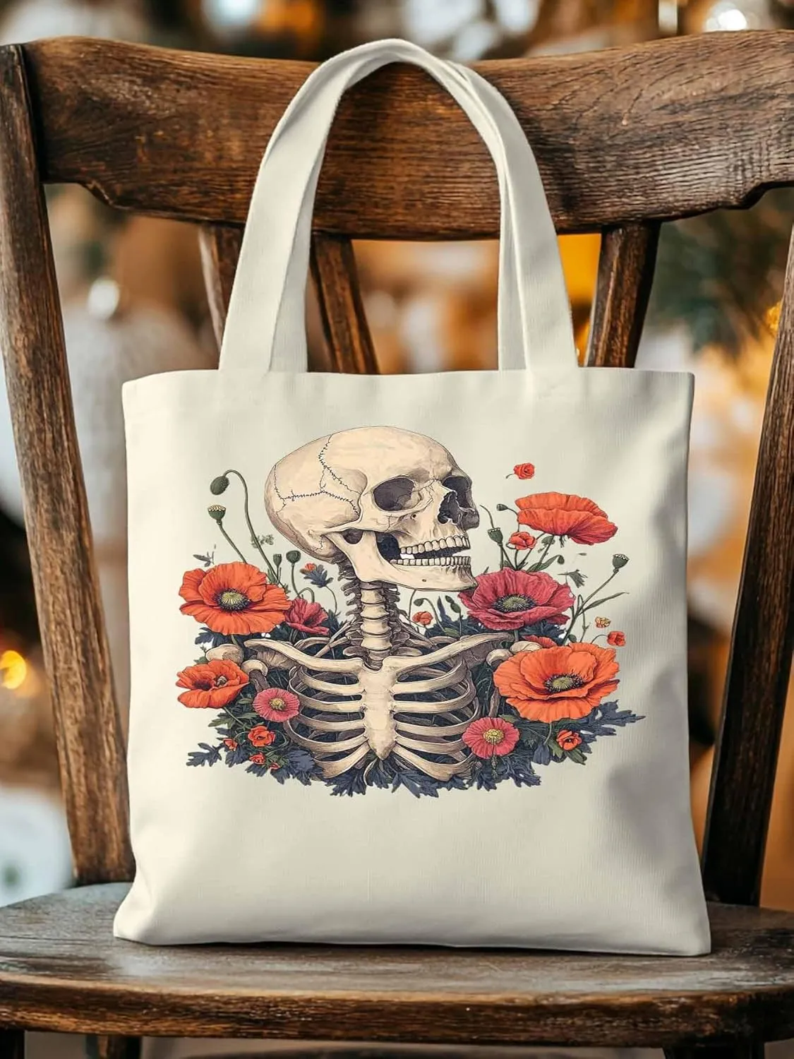 Canvas Tote Bag, Skull Poppy Red Floral Aesthetic Canvas Tote Handbags for Women Shoulder Bag