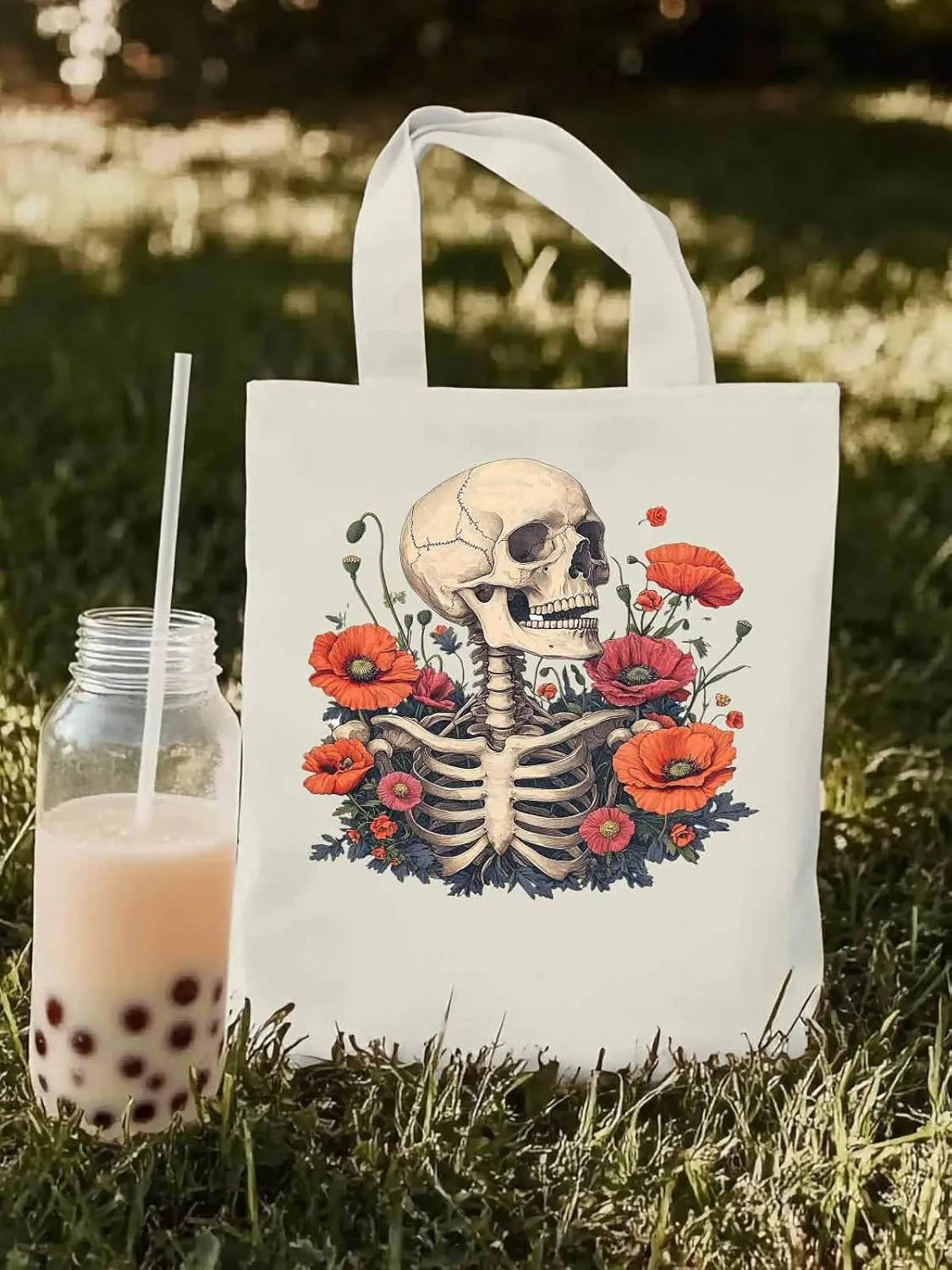 Canvas Tote Bag, Skull Poppy Red Floral Aesthetic Canvas Tote Handbags for Women Shoulder Bag