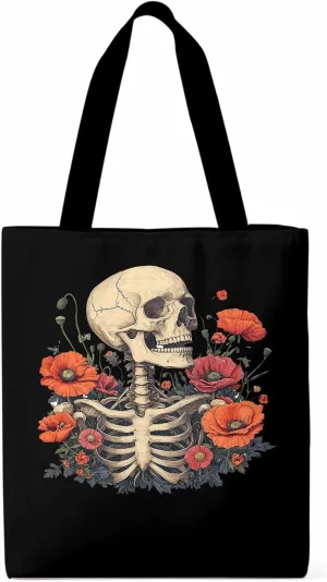 Canvas Tote Bag, Skull Poppy Red Floral Aesthetic Canvas Tote Handbags for Women Shoulder Bag