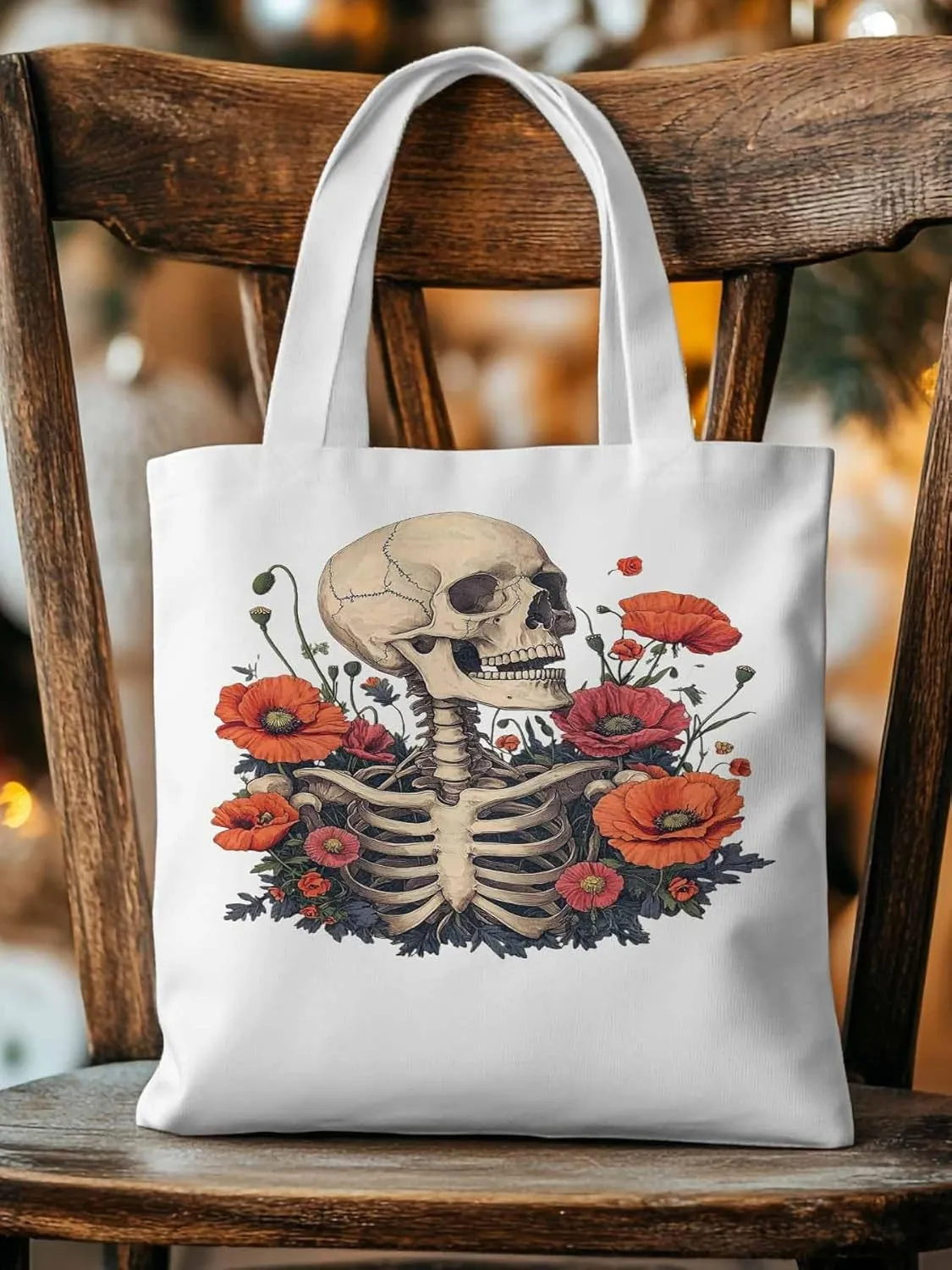 Canvas Tote Bag, Skull Poppy Red Floral Aesthetic Canvas Tote Handbags for Women Shoulder Bag