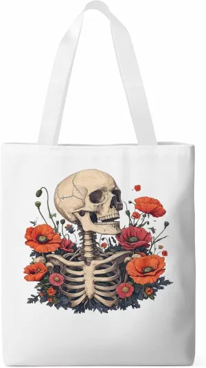 Canvas Tote Bag, Skull Poppy Red Floral Aesthetic Canvas Tote Handbags for Women Shoulder Bag