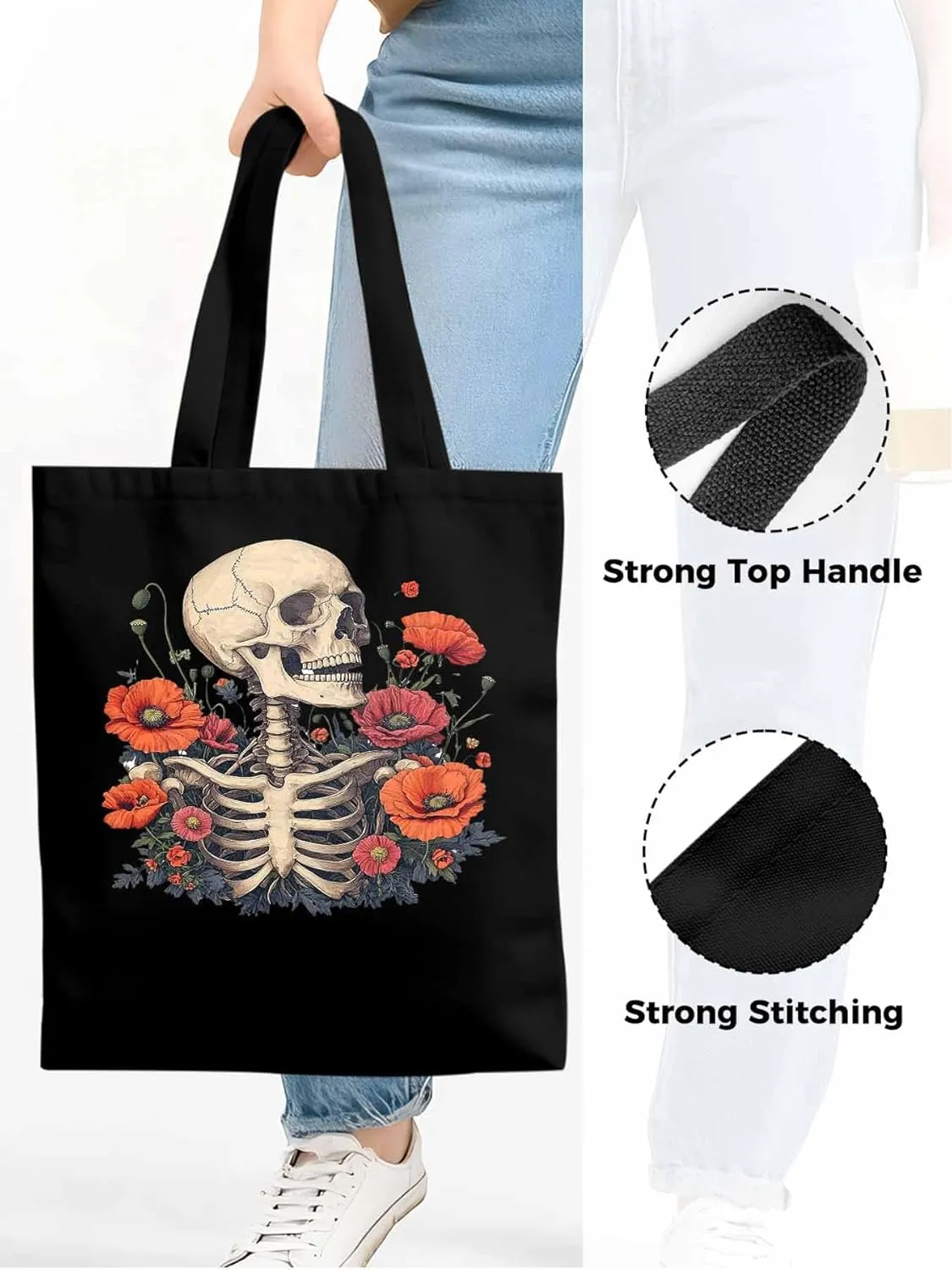 Canvas Tote Bag, Skull Poppy Red Floral Aesthetic Canvas Tote Handbags for Women Shoulder Bag