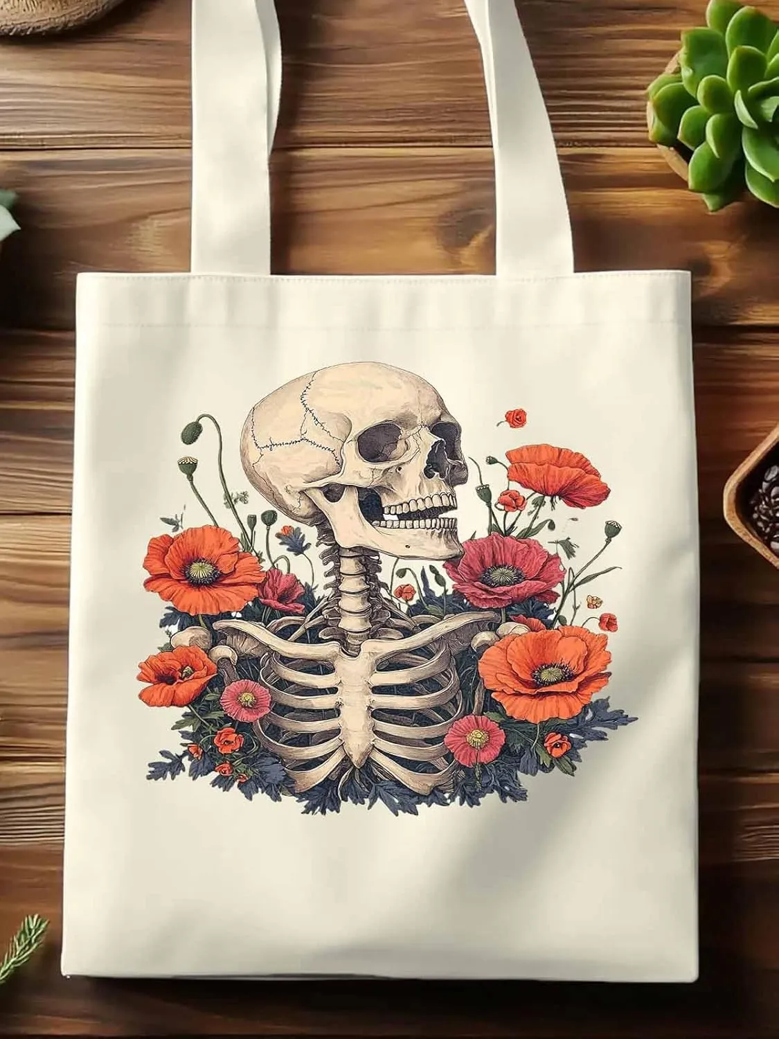 Canvas Tote Bag, Skull Poppy Red Floral Aesthetic Canvas Tote Handbags for Women Shoulder Bag
