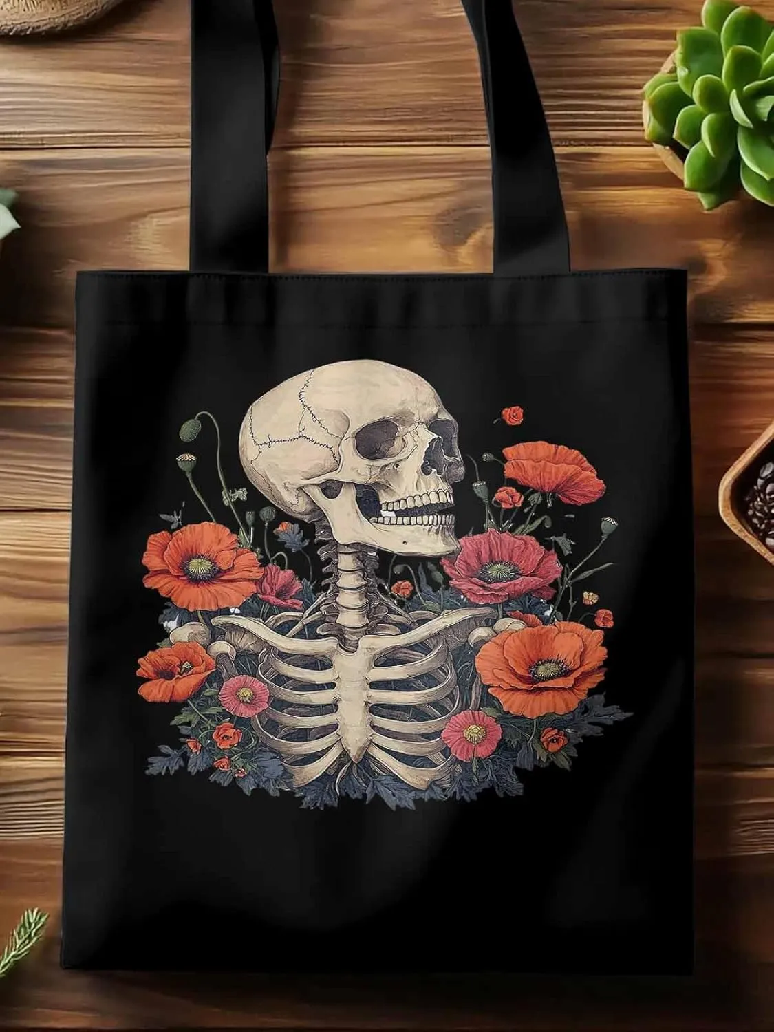 Canvas Tote Bag, Skull Poppy Red Floral Aesthetic Canvas Tote Handbags for Women Shoulder Bag