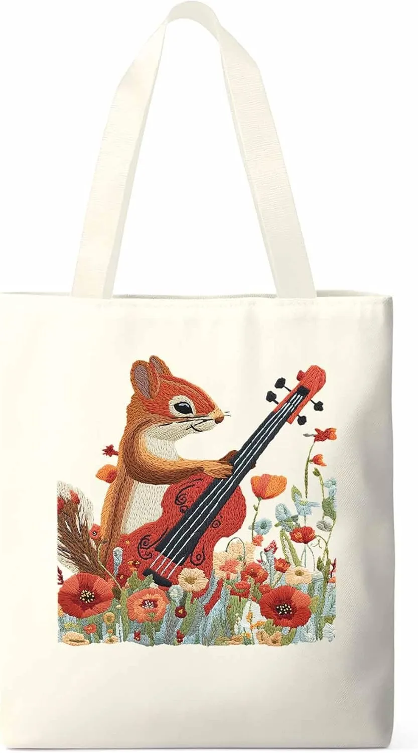 Canvas Tote Bag, Squirrel Abstract Watercolor Violin Aesthetic Canvas Tote Handbags for Women Shoulder Bag