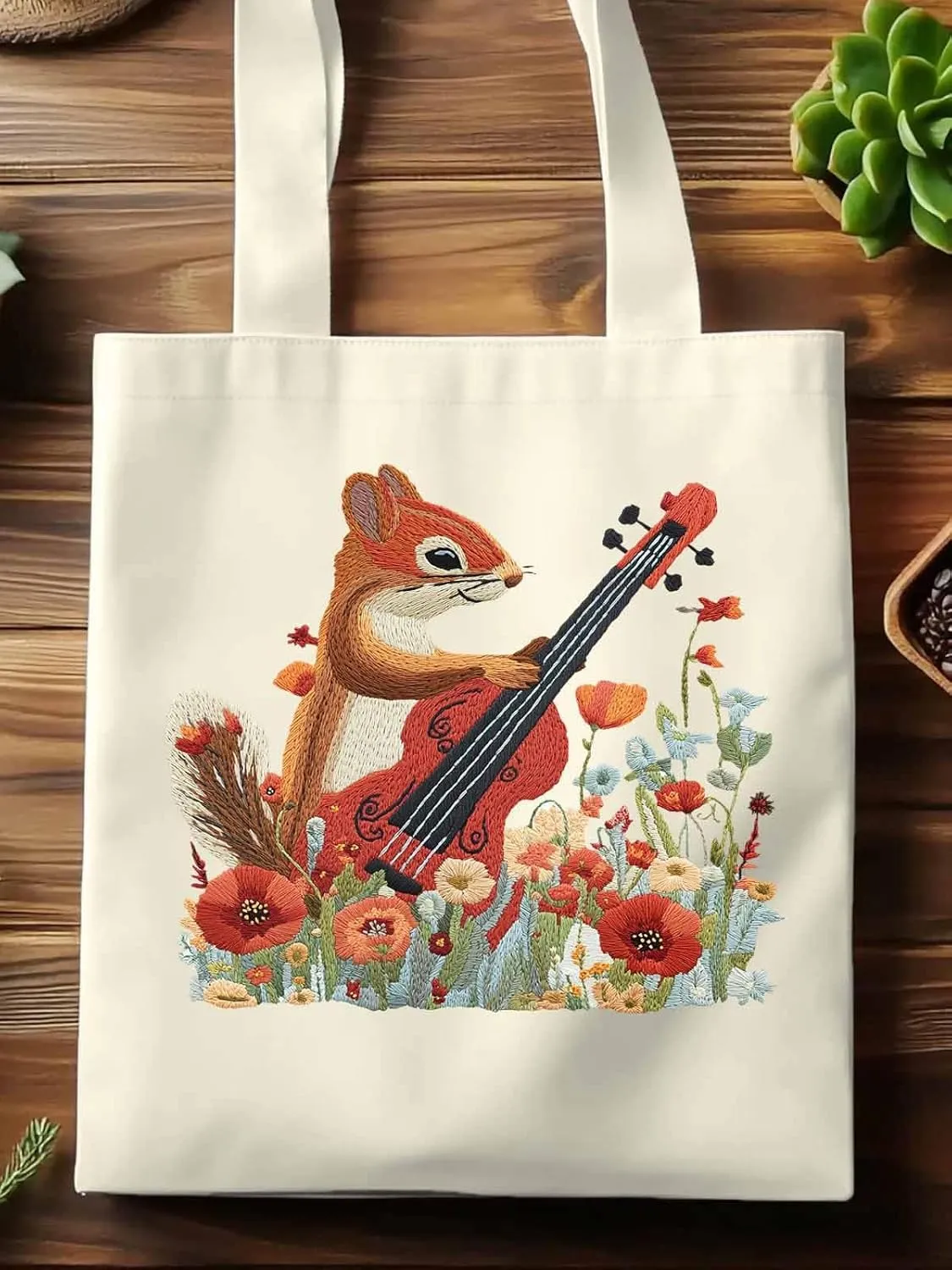 Canvas Tote Bag, Squirrel Abstract Watercolor Violin Aesthetic Canvas Tote Handbags for Women Shoulder Bag