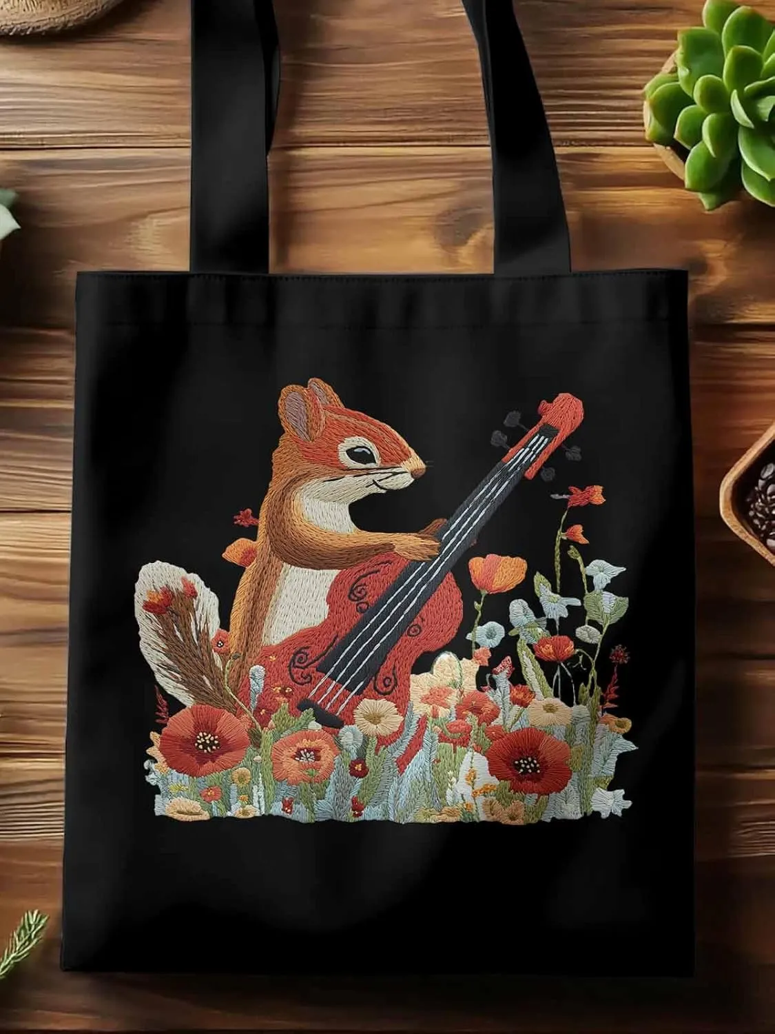 Canvas Tote Bag, Squirrel Abstract Watercolor Violin Aesthetic Canvas Tote Handbags for Women Shoulder Bag