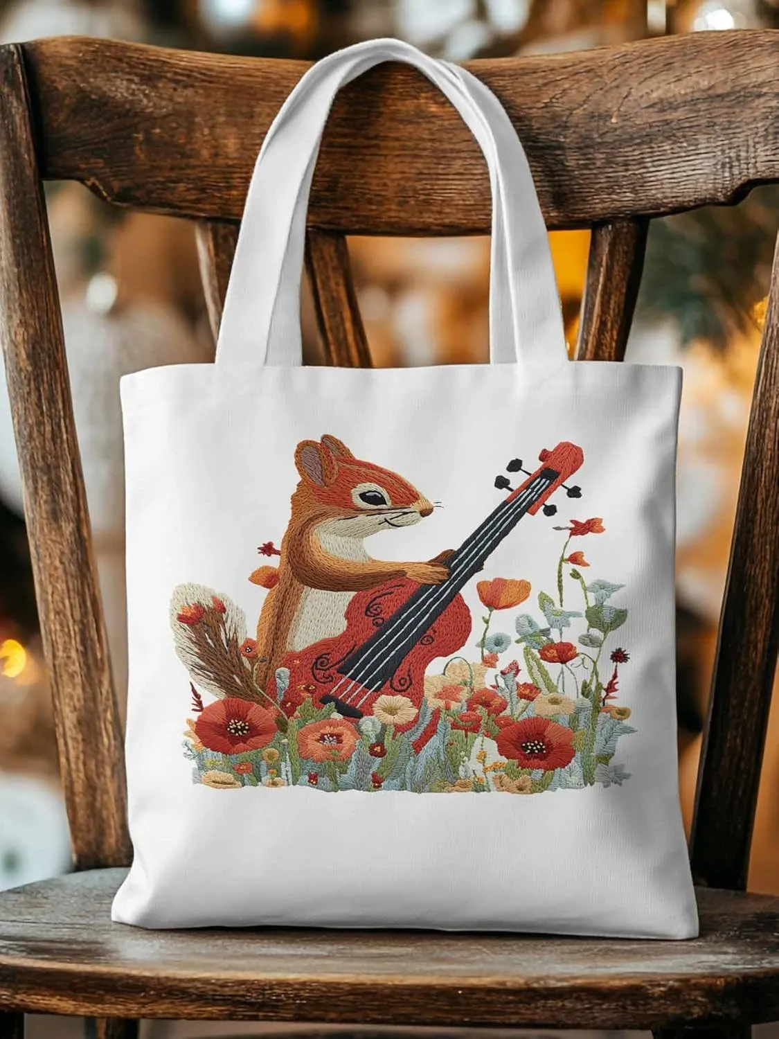 Canvas Tote Bag, Squirrel Abstract Watercolor Violin Aesthetic Canvas Tote Handbags for Women Shoulder Bag
