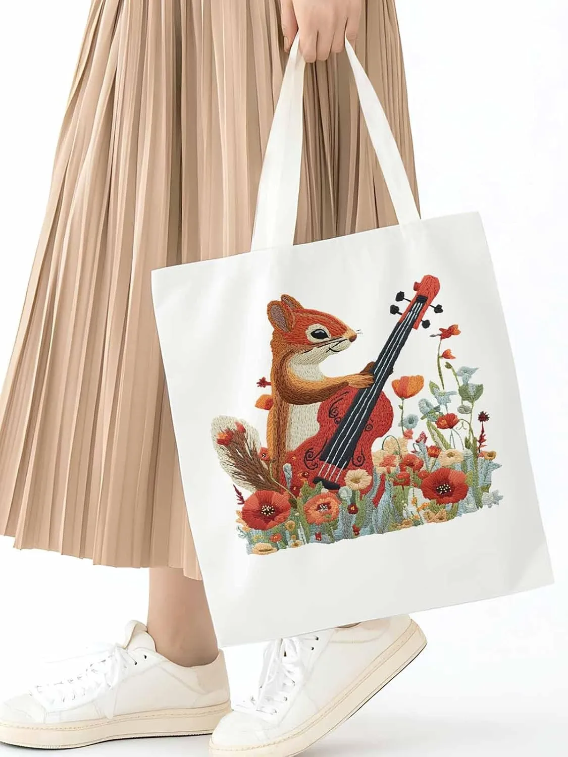Canvas Tote Bag, Squirrel Abstract Watercolor Violin Aesthetic Canvas Tote Handbags for Women Shoulder Bag