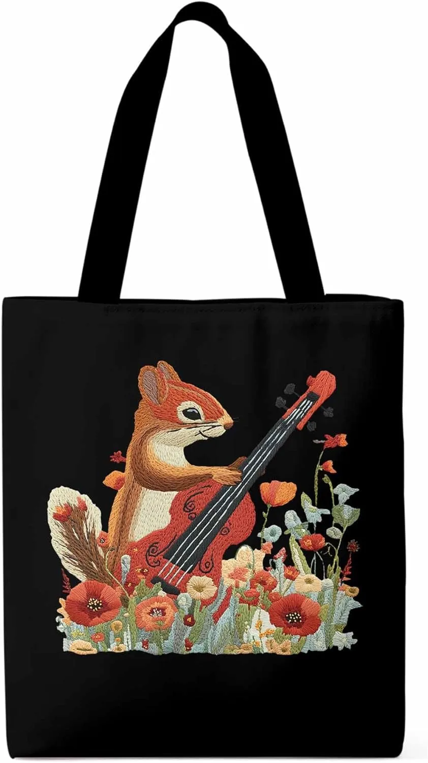 Canvas Tote Bag, Squirrel Abstract Watercolor Violin Aesthetic Canvas Tote Handbags for Women Shoulder Bag