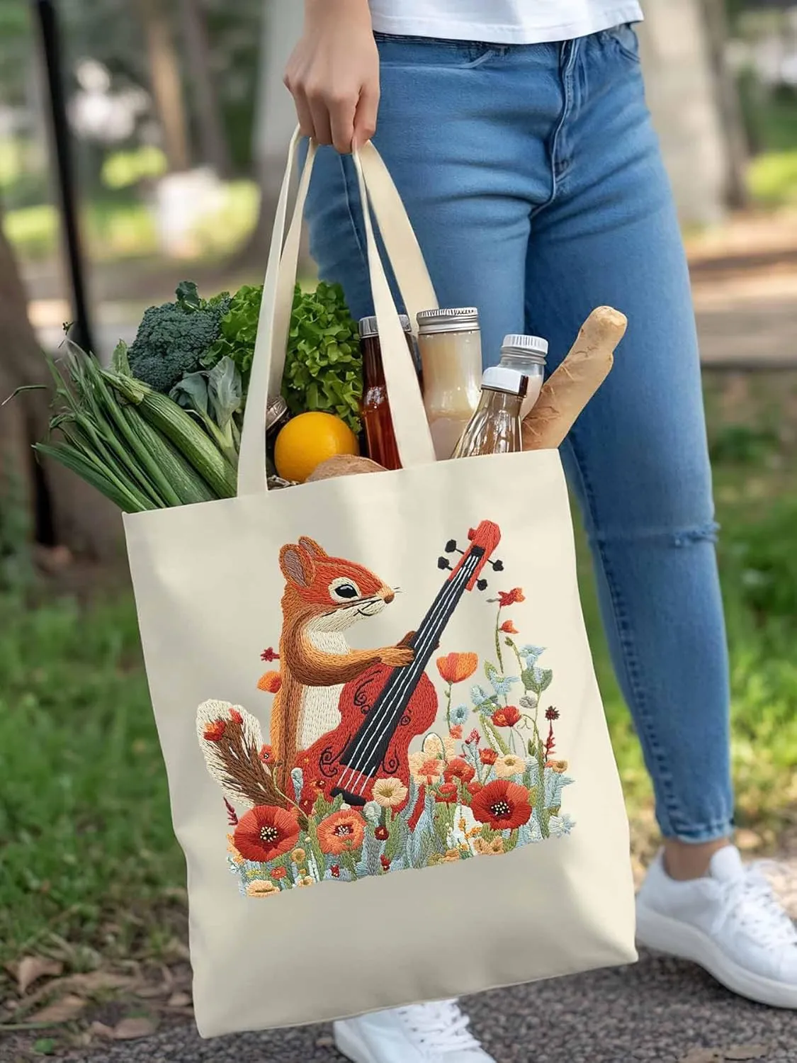 Canvas Tote Bag, Squirrel Abstract Watercolor Violin Aesthetic Canvas Tote Handbags for Women Shoulder Bag