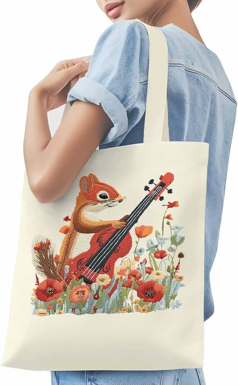 Canvas Tote Bag, Squirrel Abstract Watercolor Violin Aesthetic Canvas Tote Handbags for Women Shoulder Bag