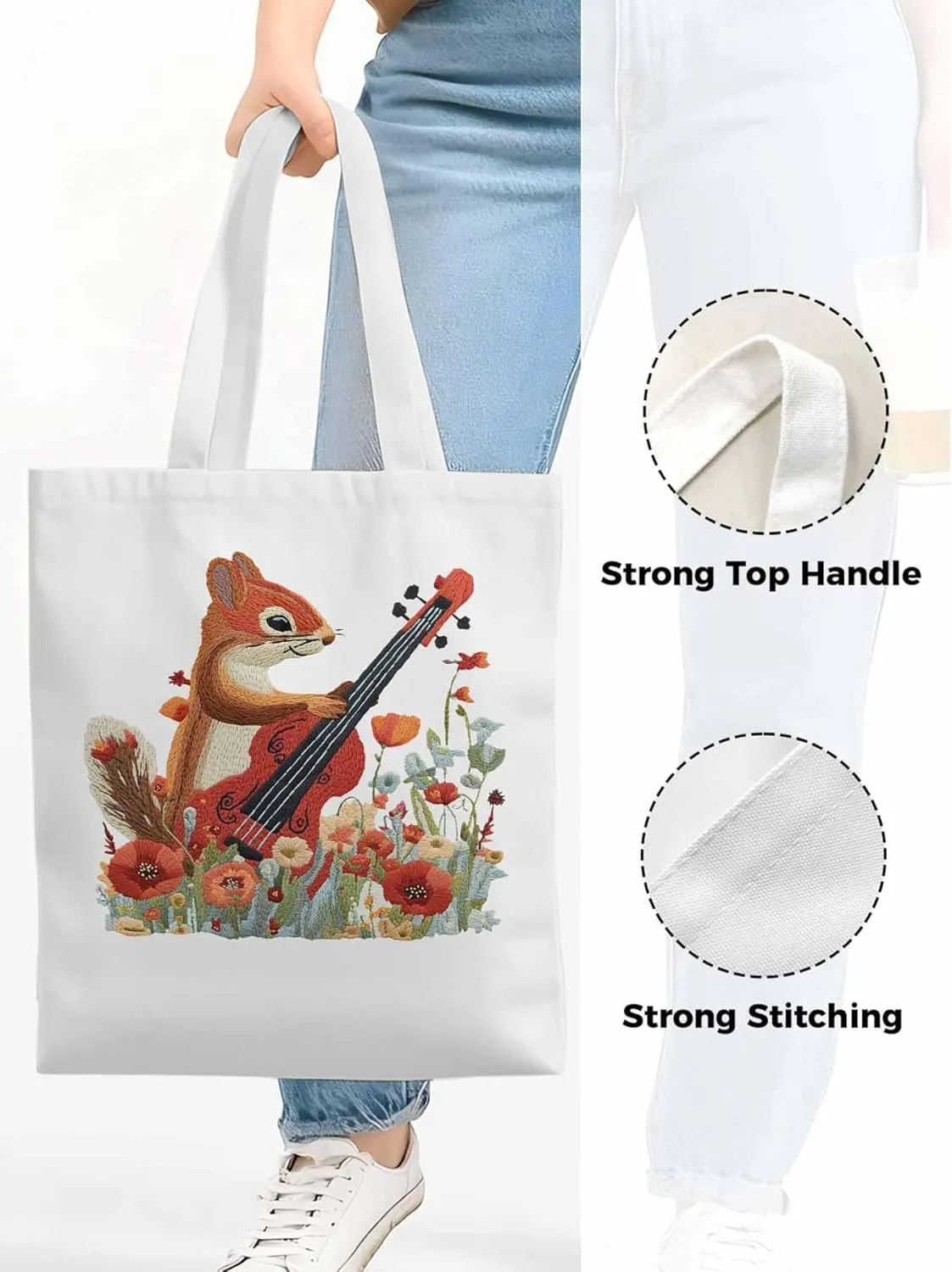 Canvas Tote Bag, Squirrel Abstract Watercolor Violin Aesthetic Canvas Tote Handbags for Women Shoulder Bag