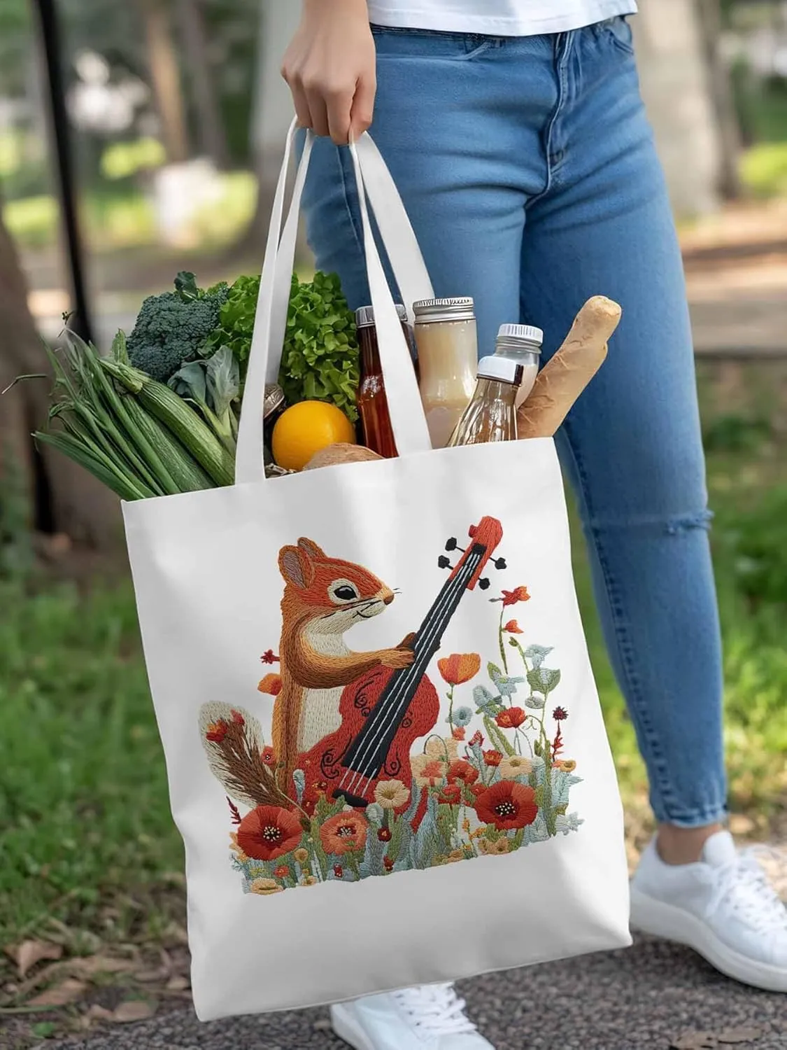 Canvas Tote Bag, Squirrel Abstract Watercolor Violin Aesthetic Canvas Tote Handbags for Women Shoulder Bag