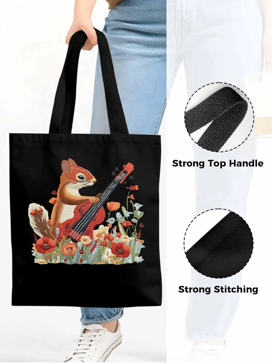 Canvas Tote Bag, Squirrel Abstract Watercolor Violin Aesthetic Canvas Tote Handbags for Women Shoulder Bag
