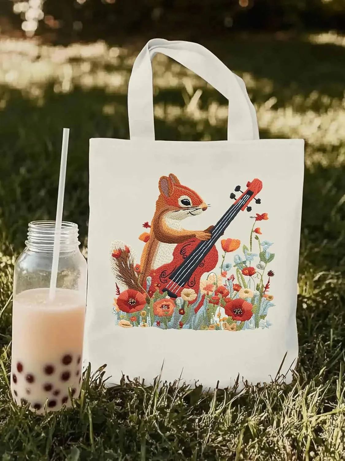 Canvas Tote Bag, Squirrel Abstract Watercolor Violin Aesthetic Canvas Tote Handbags for Women Shoulder Bag