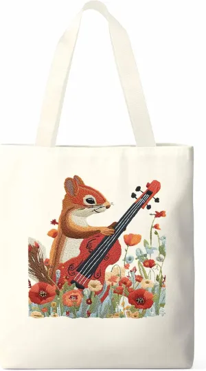 Canvas Tote Bag, Squirrel Abstract Watercolor Violin Aesthetic Canvas Tote Handbags for Women Shoulder Bag