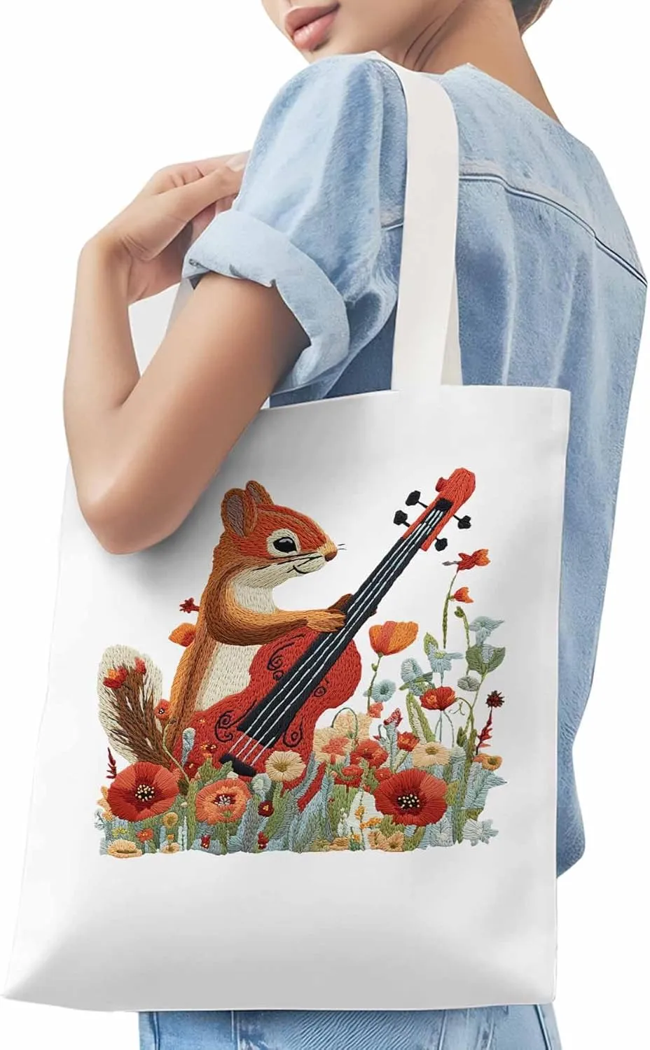 Canvas Tote Bag, Squirrel Abstract Watercolor Violin Aesthetic Canvas Tote Handbags for Women Shoulder Bag
