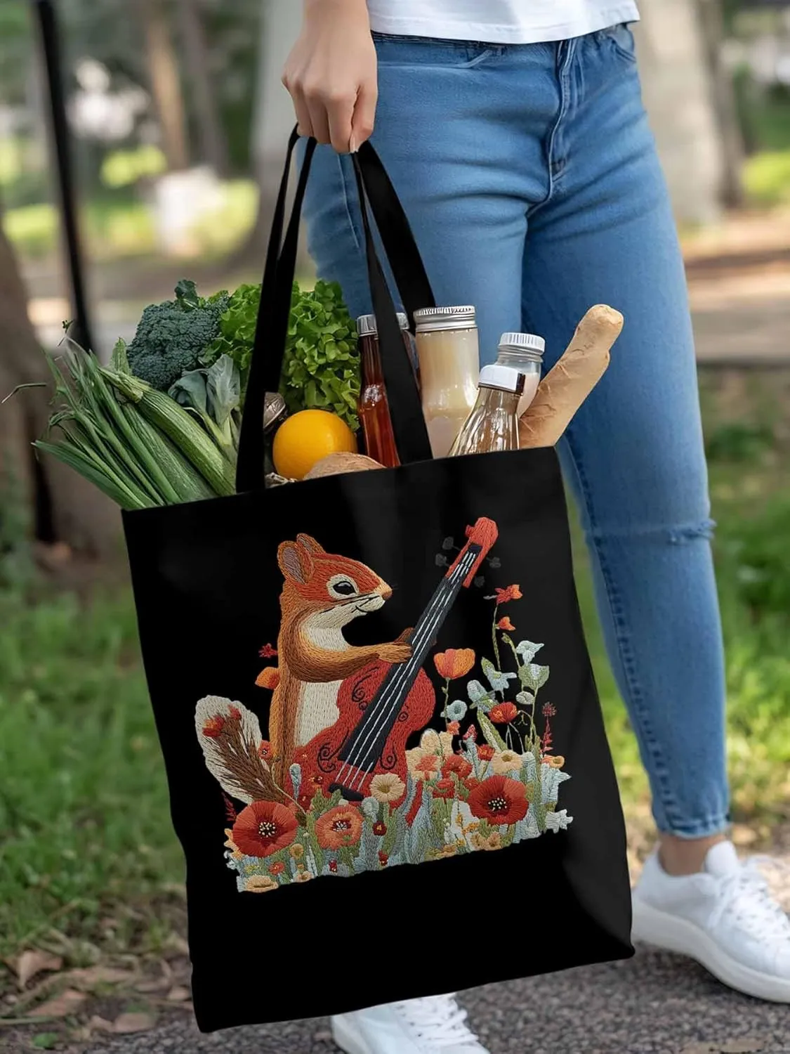 Canvas Tote Bag, Squirrel Abstract Watercolor Violin Aesthetic Canvas Tote Handbags for Women Shoulder Bag
