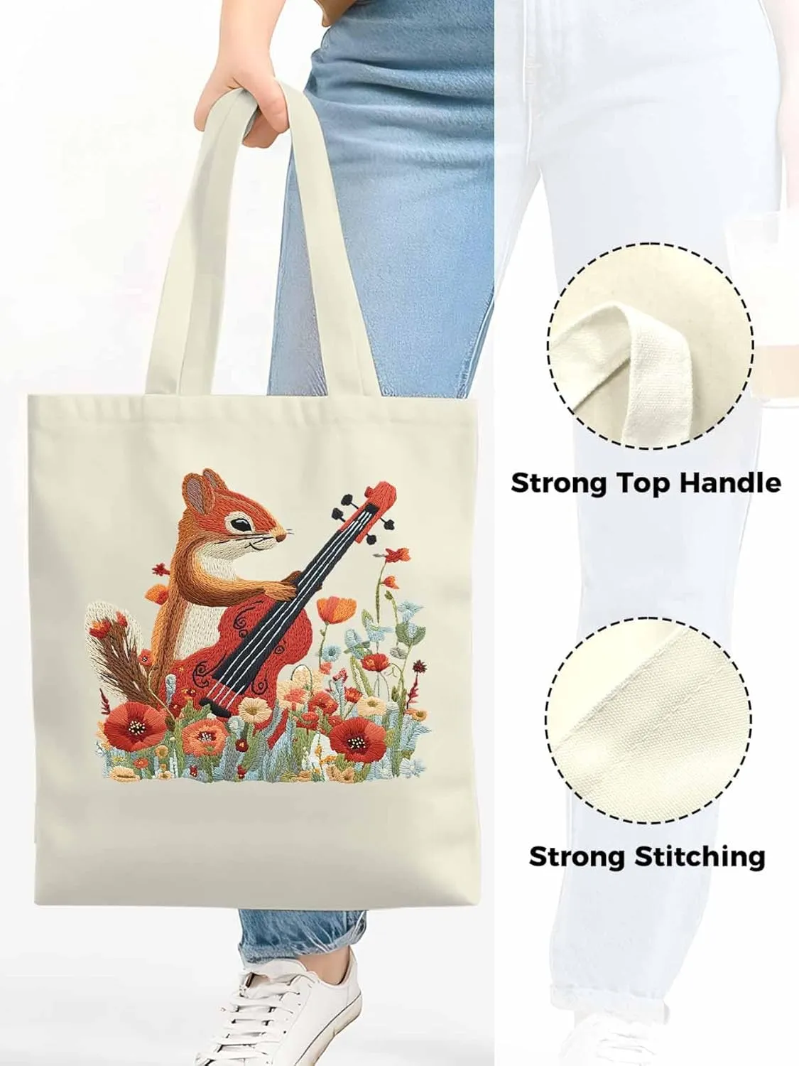 Canvas Tote Bag, Squirrel Abstract Watercolor Violin Aesthetic Canvas Tote Handbags for Women Shoulder Bag