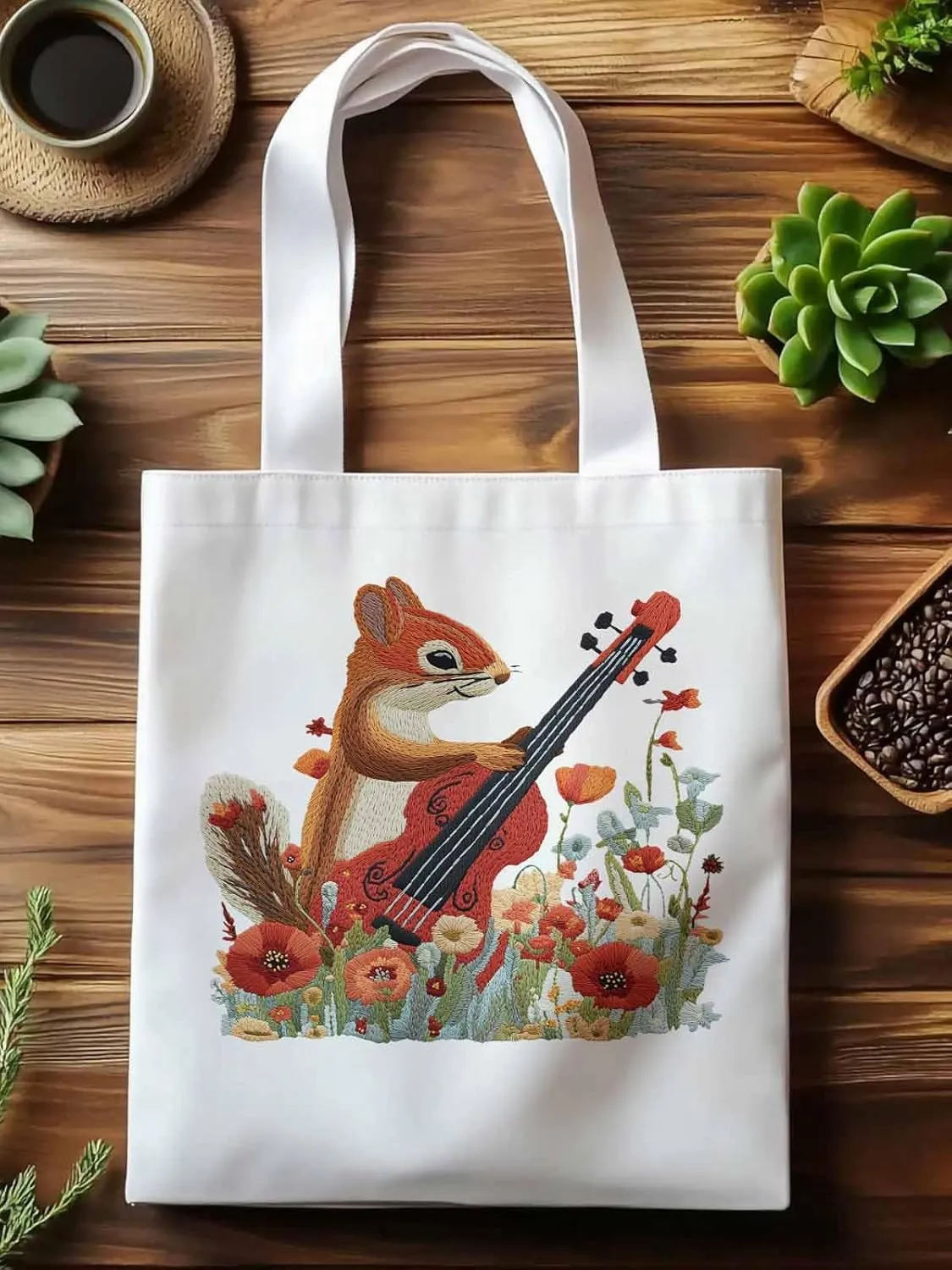Canvas Tote Bag, Squirrel Abstract Watercolor Violin Aesthetic Canvas Tote Handbags for Women Shoulder Bag