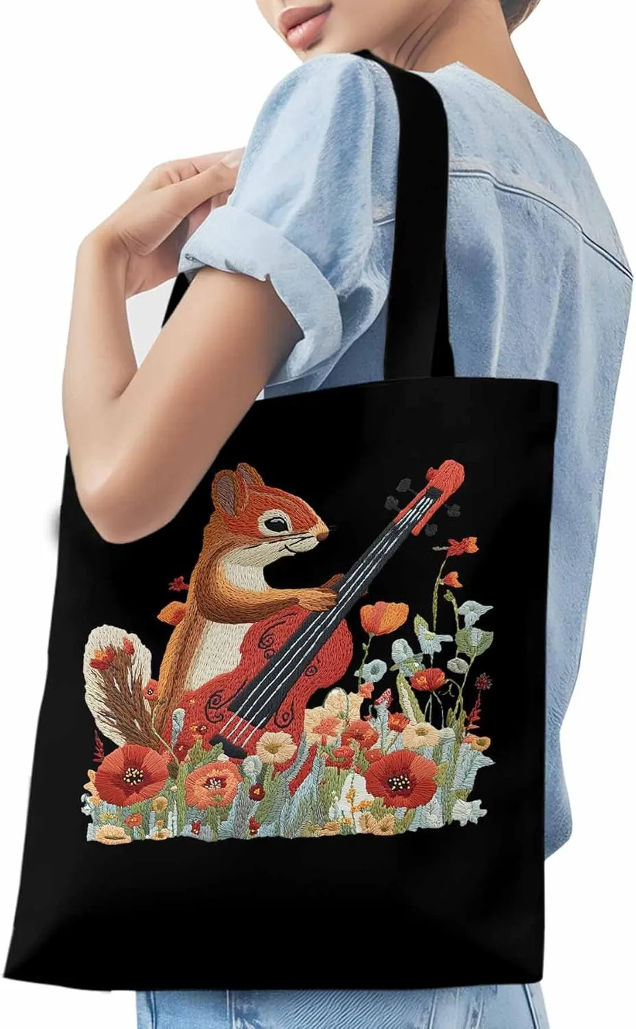 Canvas Tote Bag, Squirrel Abstract Watercolor Violin Aesthetic Canvas Tote Handbags for Women Shoulder Bag