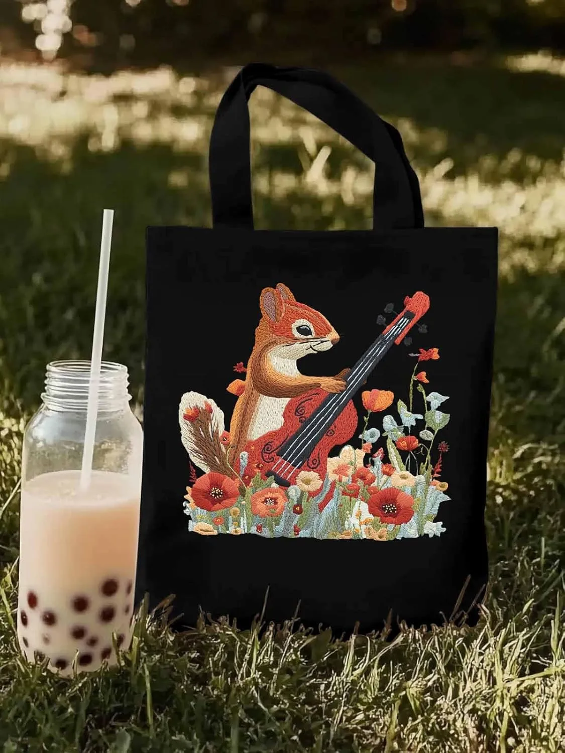 Canvas Tote Bag, Squirrel Abstract Watercolor Violin Aesthetic Canvas Tote Handbags for Women Shoulder Bag